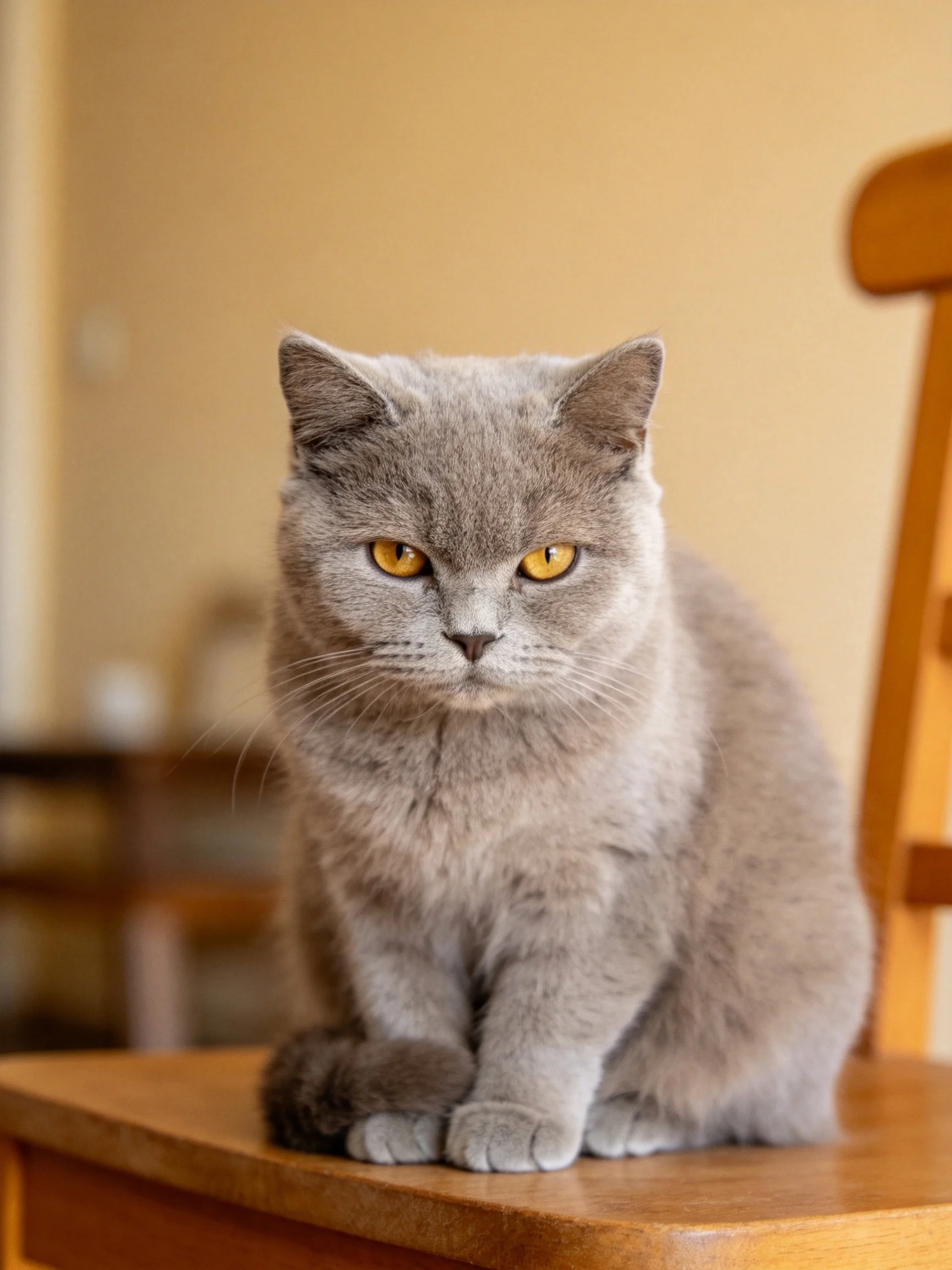 Gray cat with golden eyes sits calmly on a wooden chair indoors.