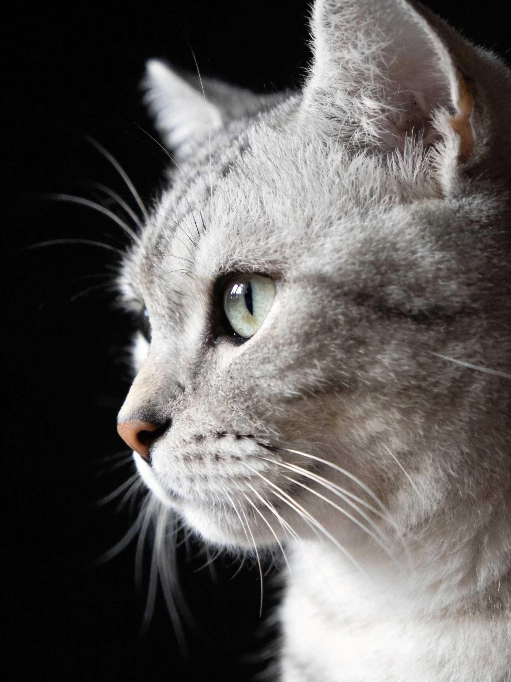 Gray cat with green eyes in profile against dark backdrop