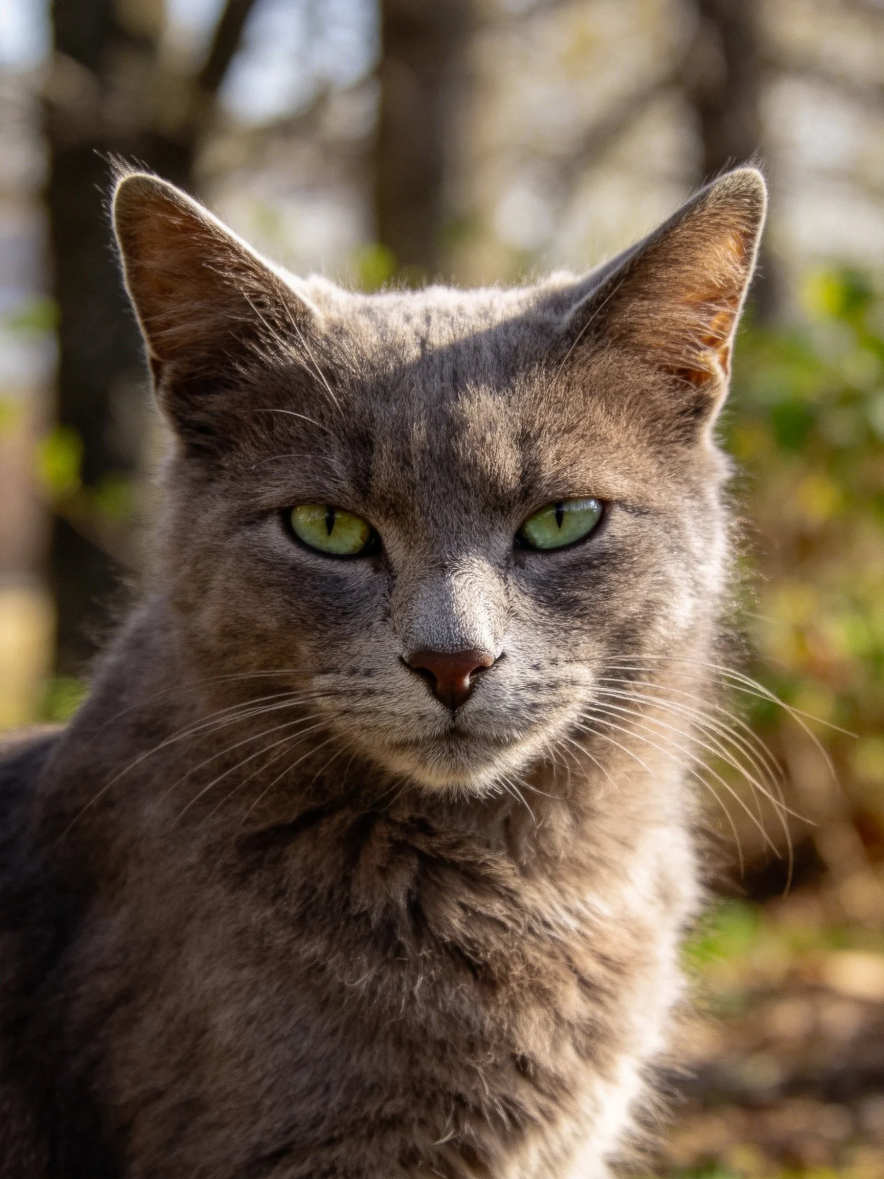 A gray cat with green eyes rests peacefully in a sunlit outdoor area.