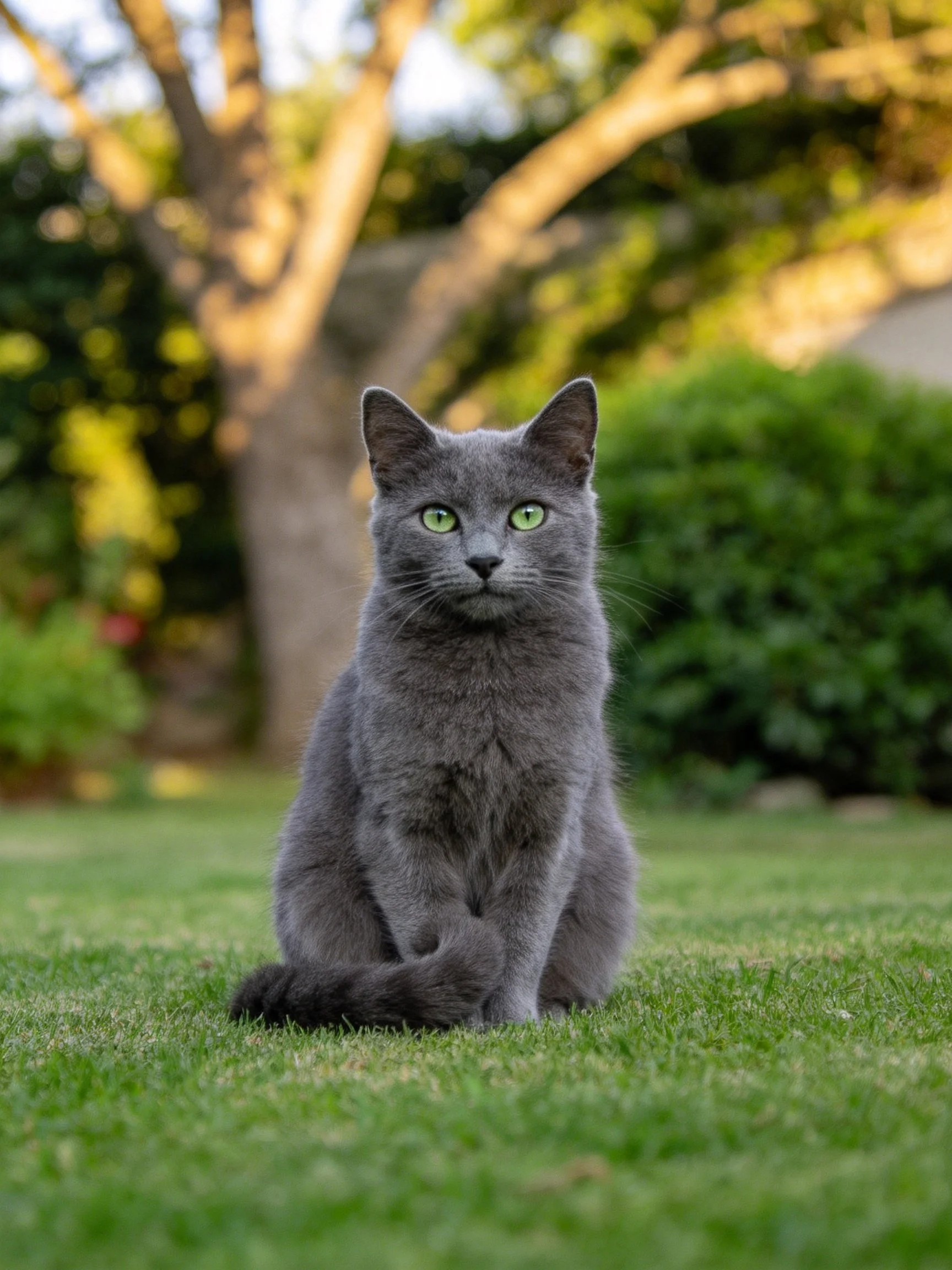 A gray cat with green eyes sits calmly on grass among trees and bushes.