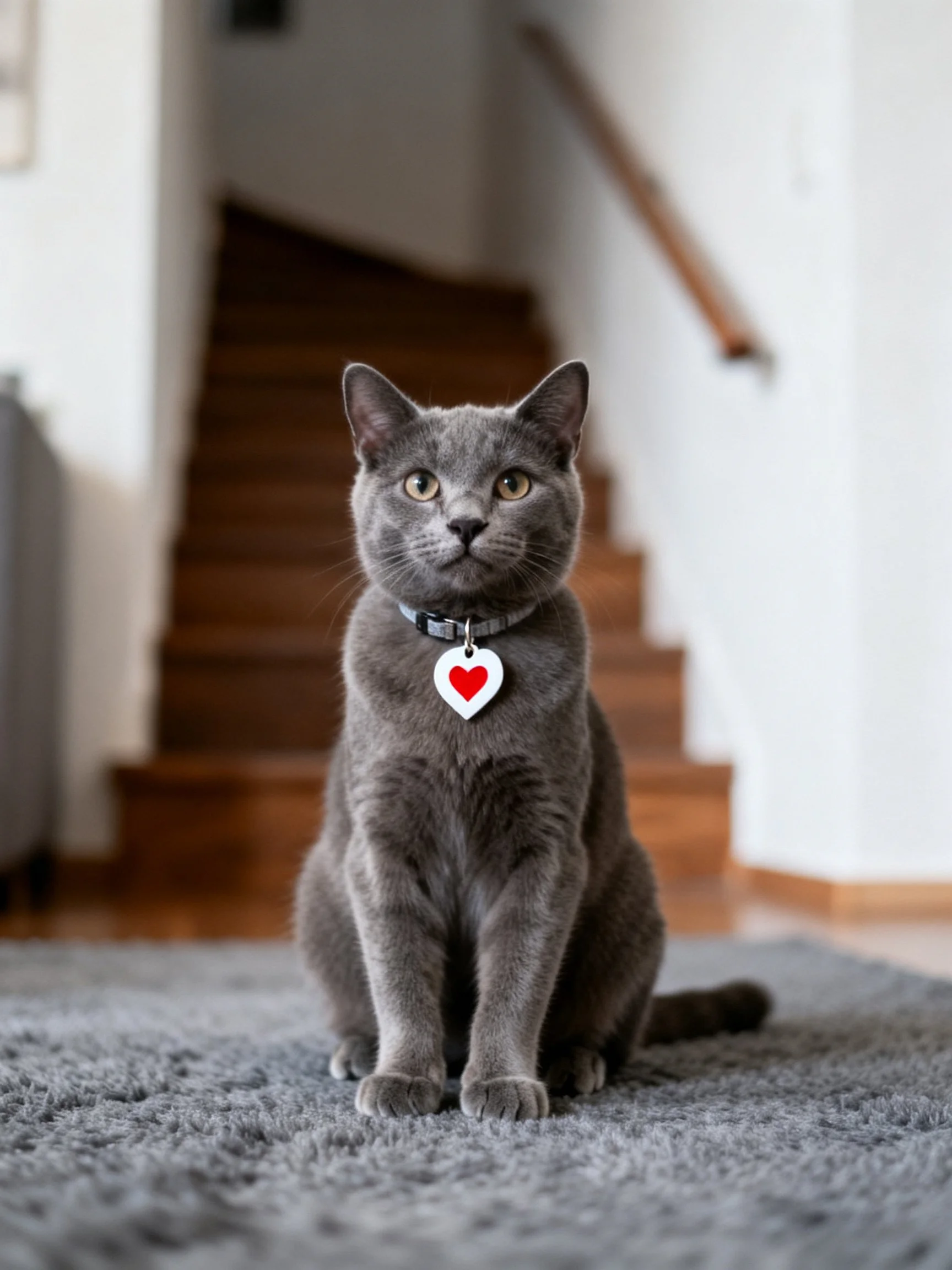 Gray cat with heart tag sits on gray rug by wooden stairs