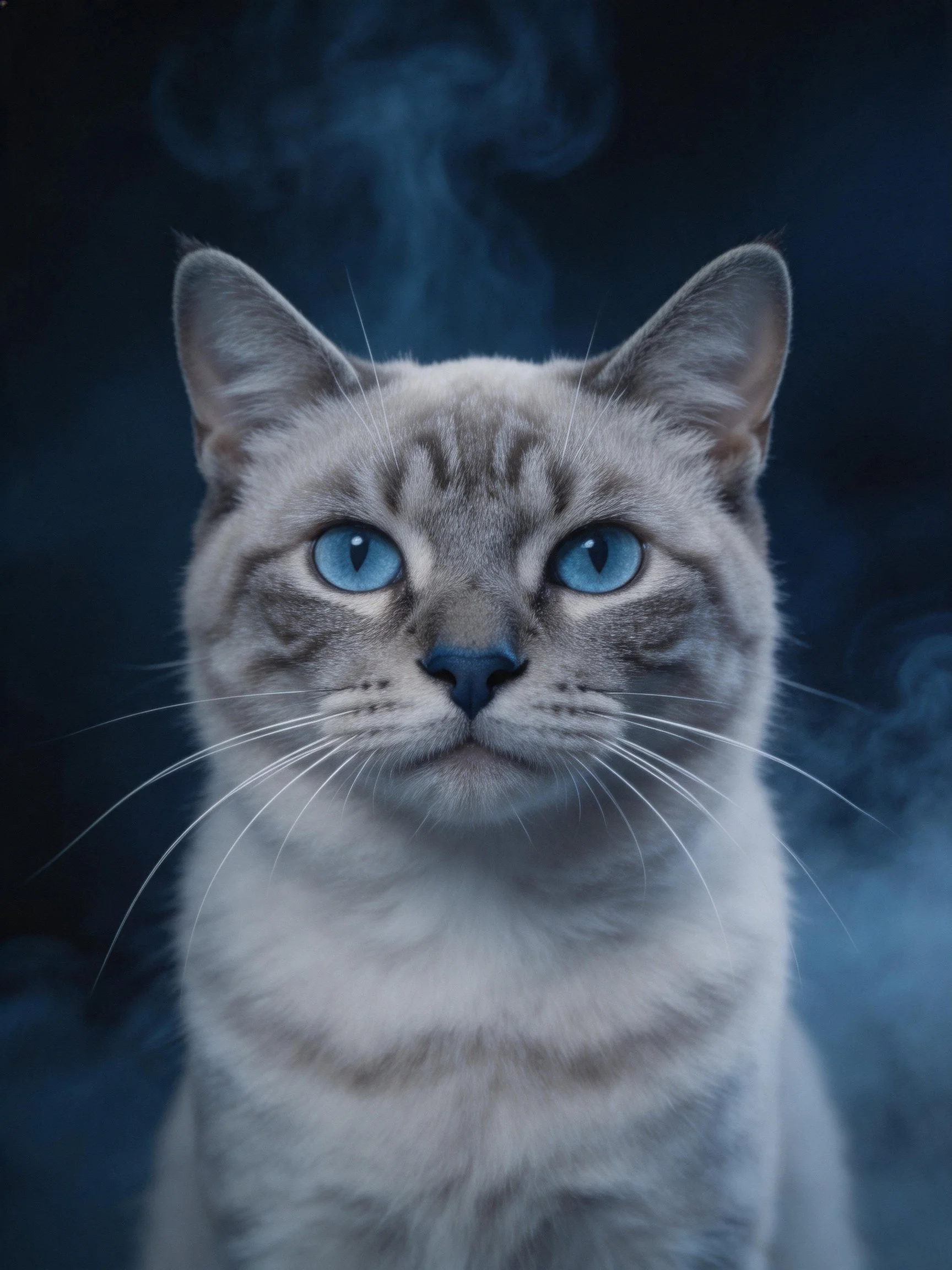 Gray cat with vivid blue eyes depicted against a dark, smoky backdrop.