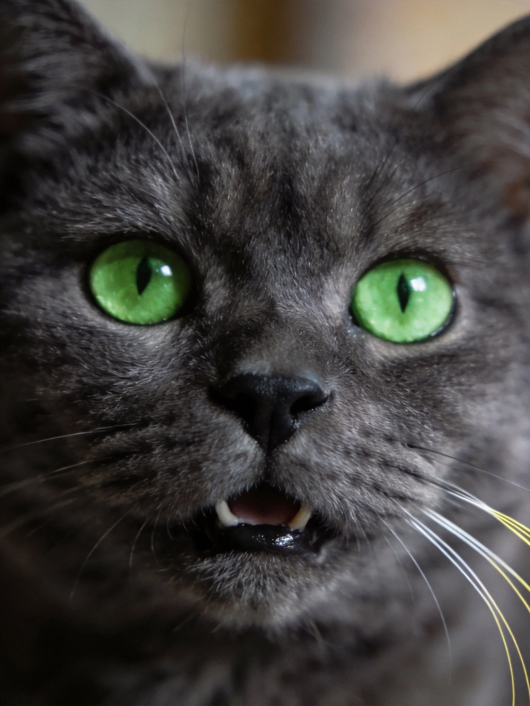 Close - up photograph shows a gray cat with bright green eyes.