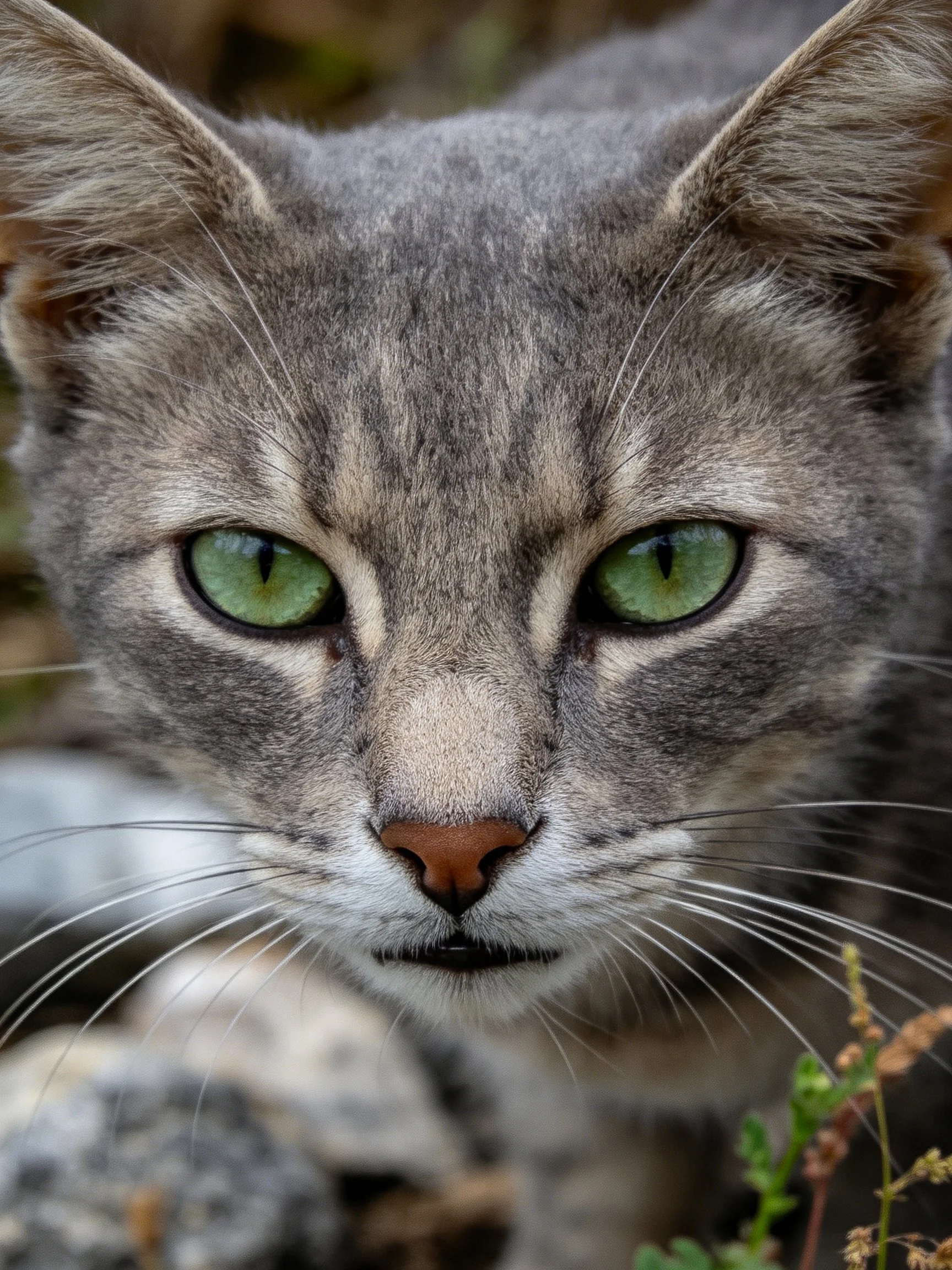 Close - up of a gray cat with green eyes near rocks and plants.
