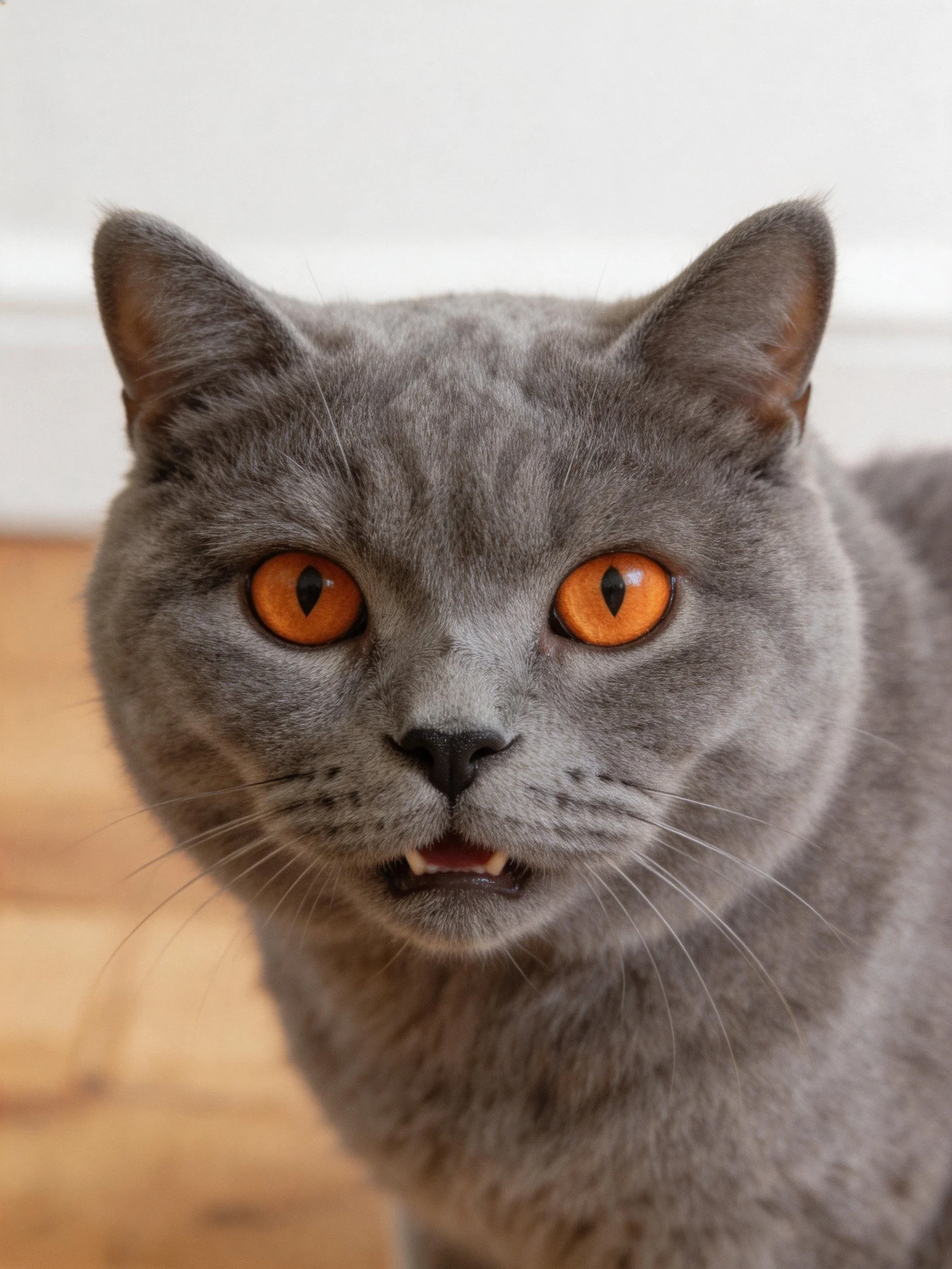 A gray cat with bright orange eyes is photographed up close.