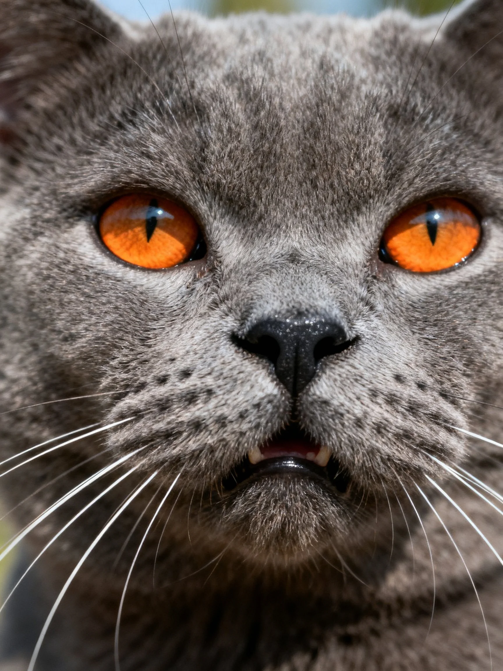 A gray cat with bright orange eyes is featured in a close-up photograph.