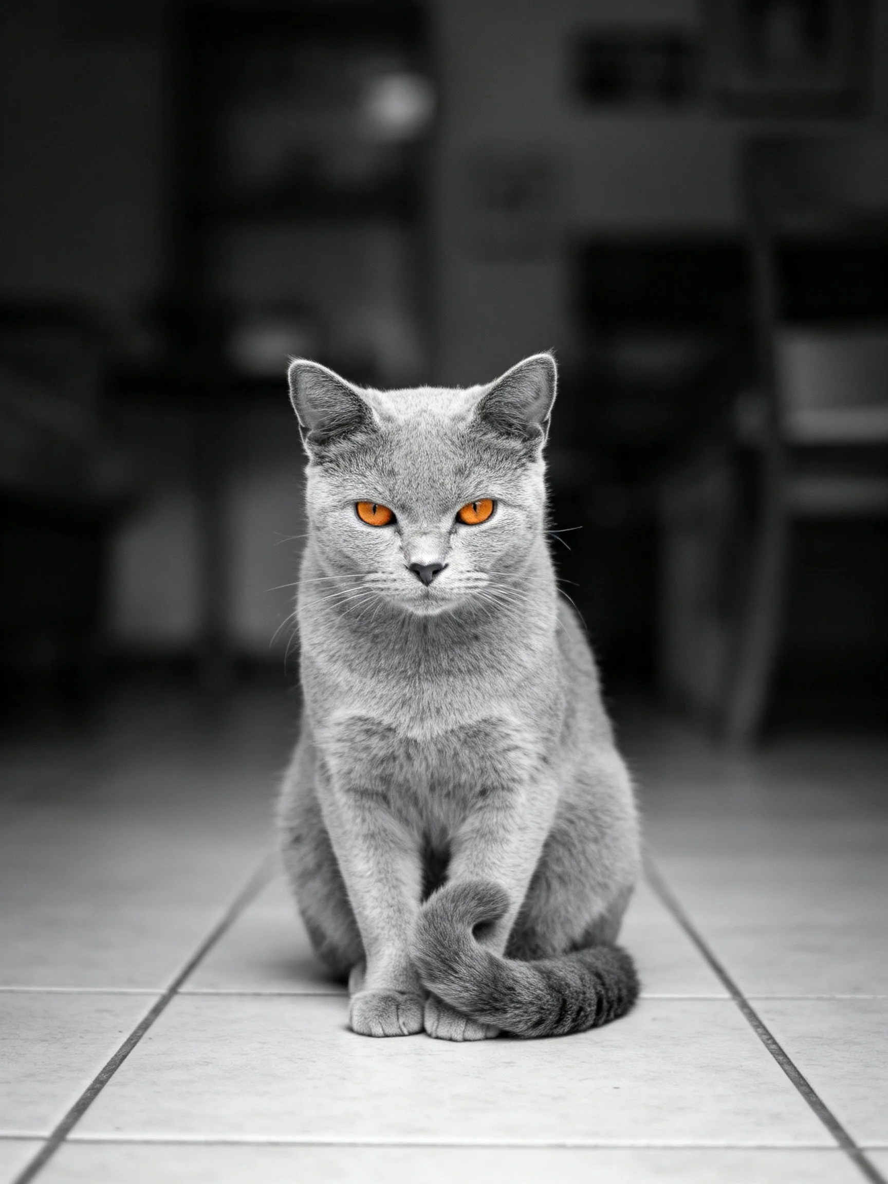 A gray cat with striking orange eyes sits calmly on tiled flooring.
