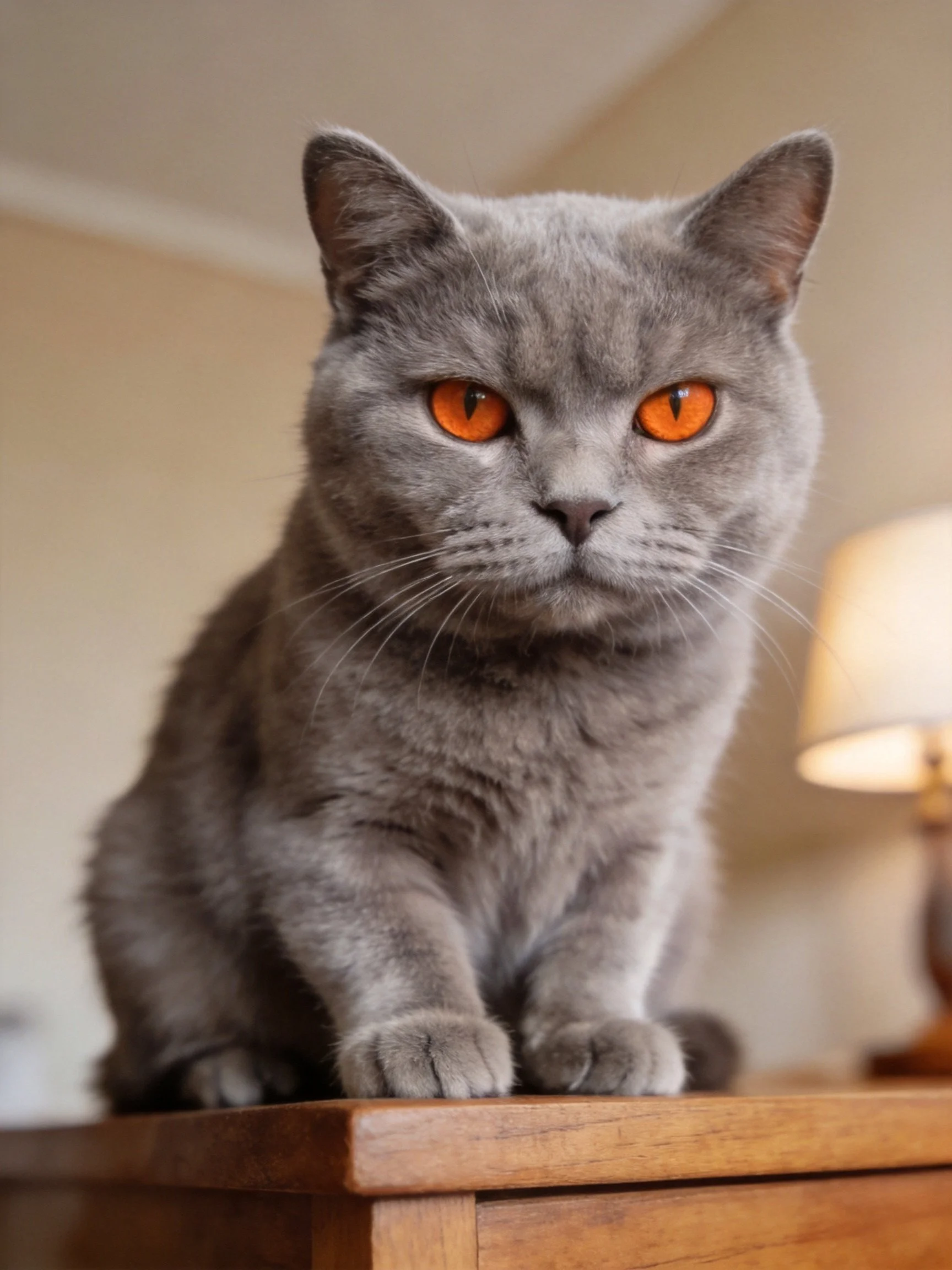 A gray cat with vivid orange eyes sits on wooden furniture in a warmly lit room.