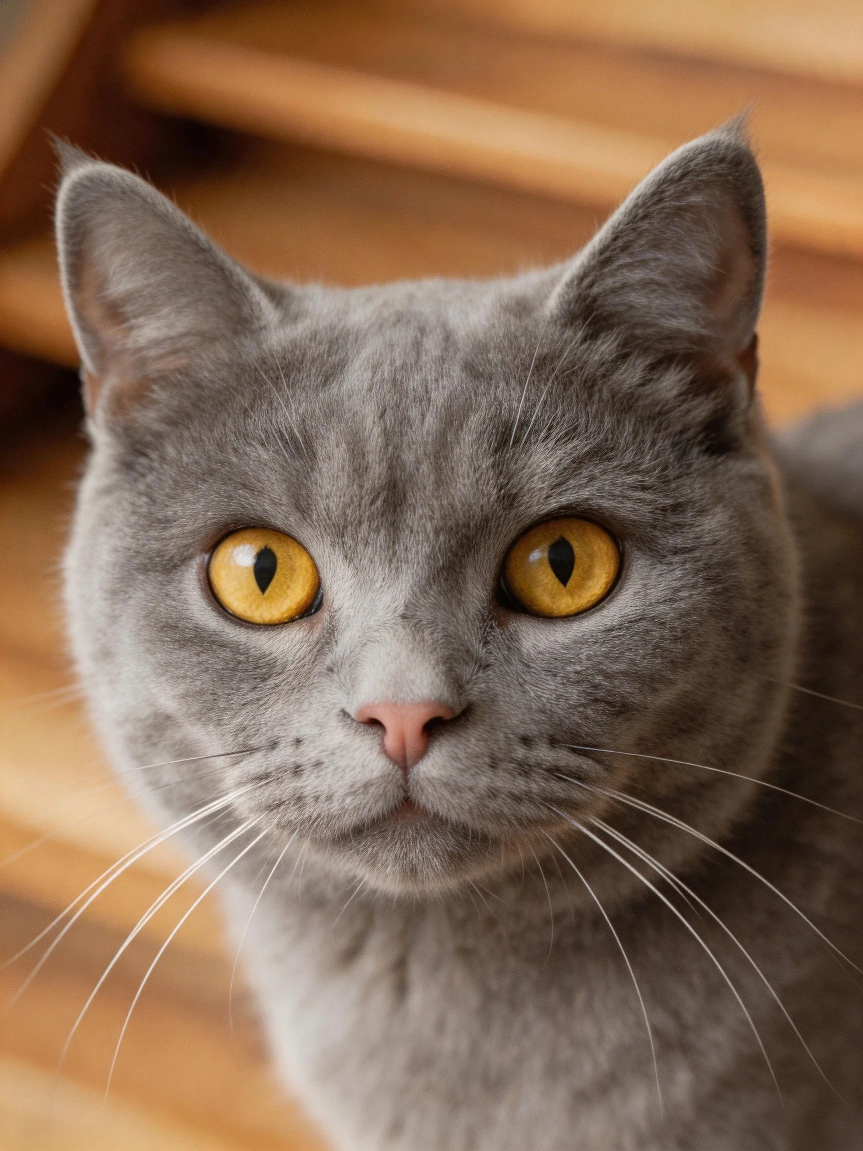 A gray cat with bright yellow eyes is shown up close.