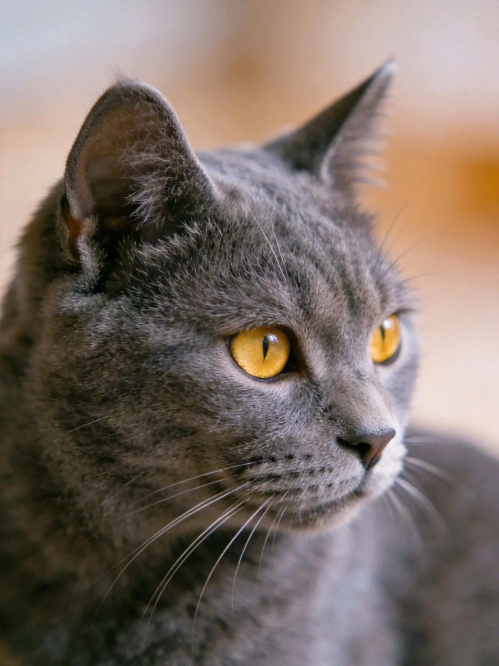 A gray cat with vivid yellow eyes is depicted in a close-up photograph.