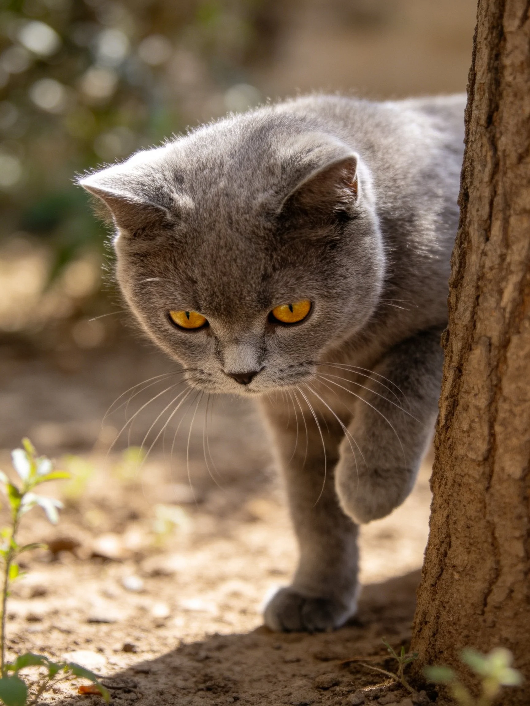 A gray cat with yellow eyes explores near a tree trunk.