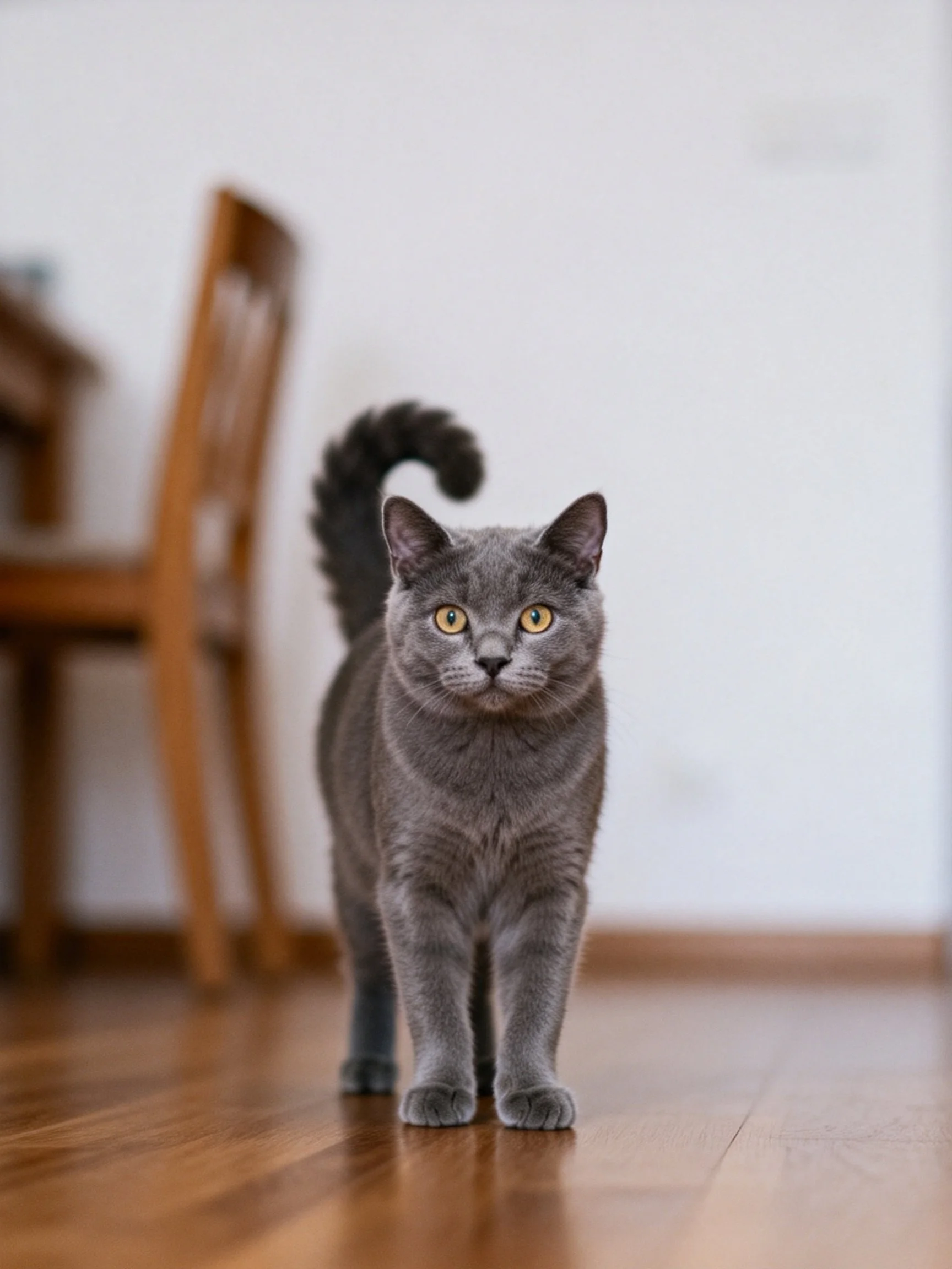 Gray cat with yellow eyes on wooden floor near wooden chair