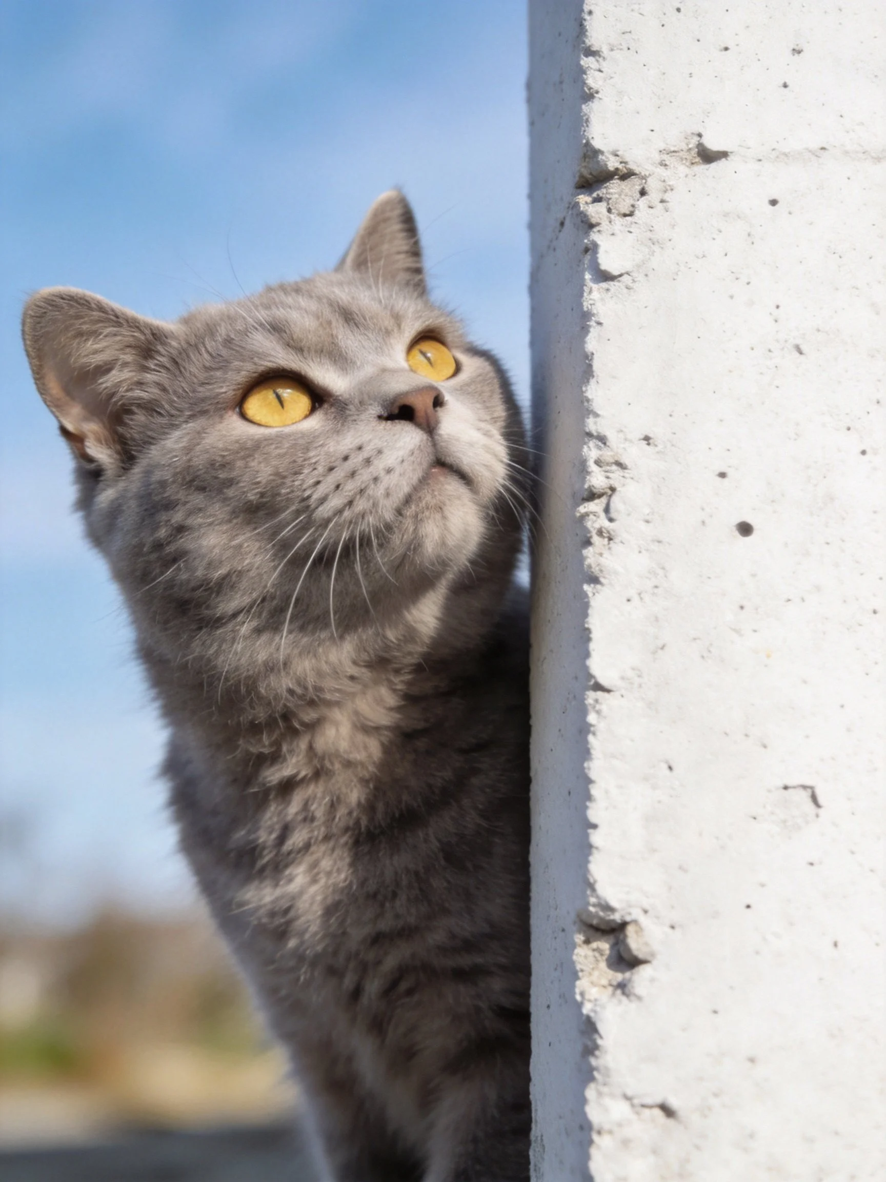 Gray cat with yellow eyes peeks near white concrete structure