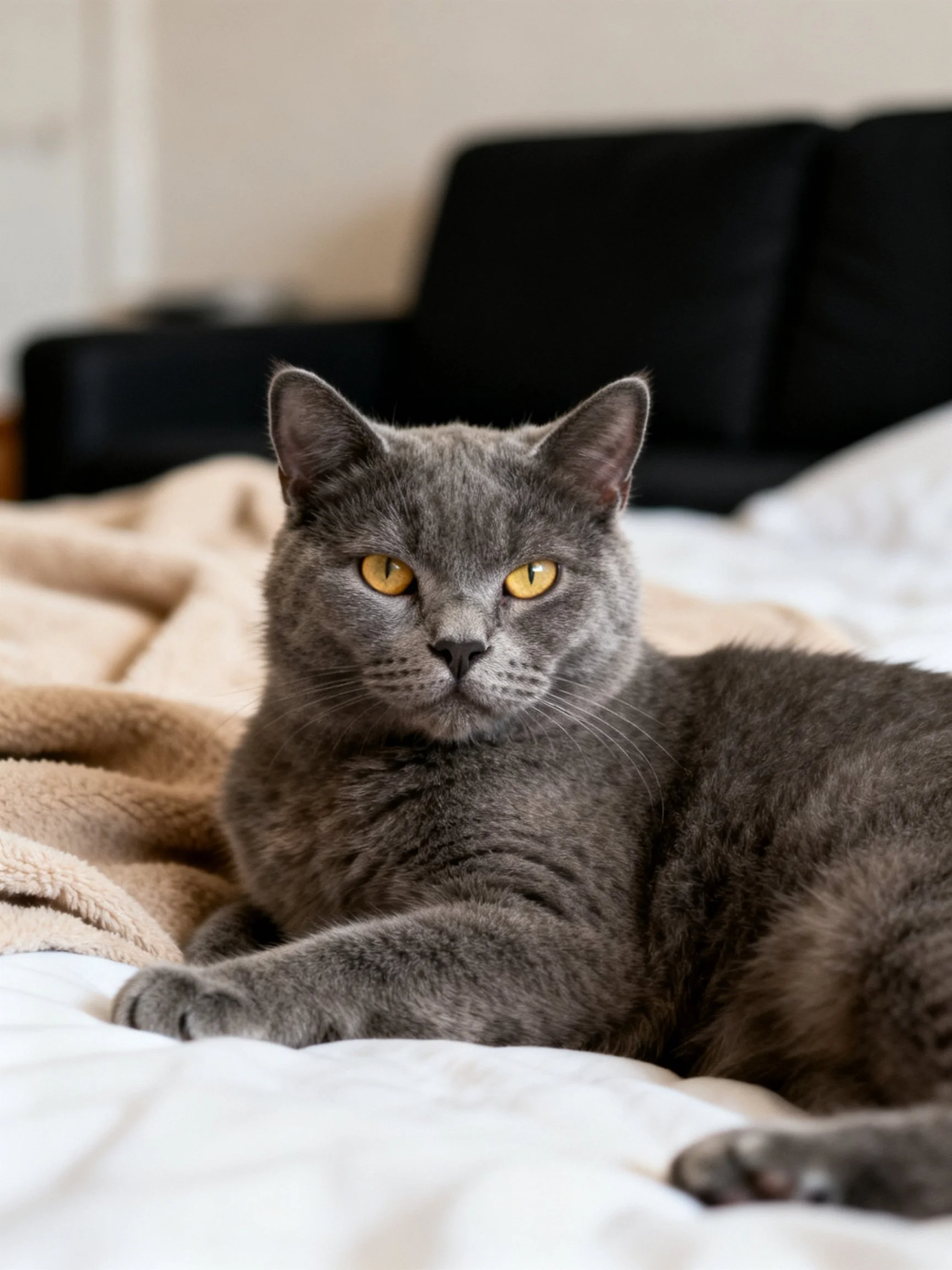 A gray cat with bright yellow eyes relaxes on a bed beside a black couch.