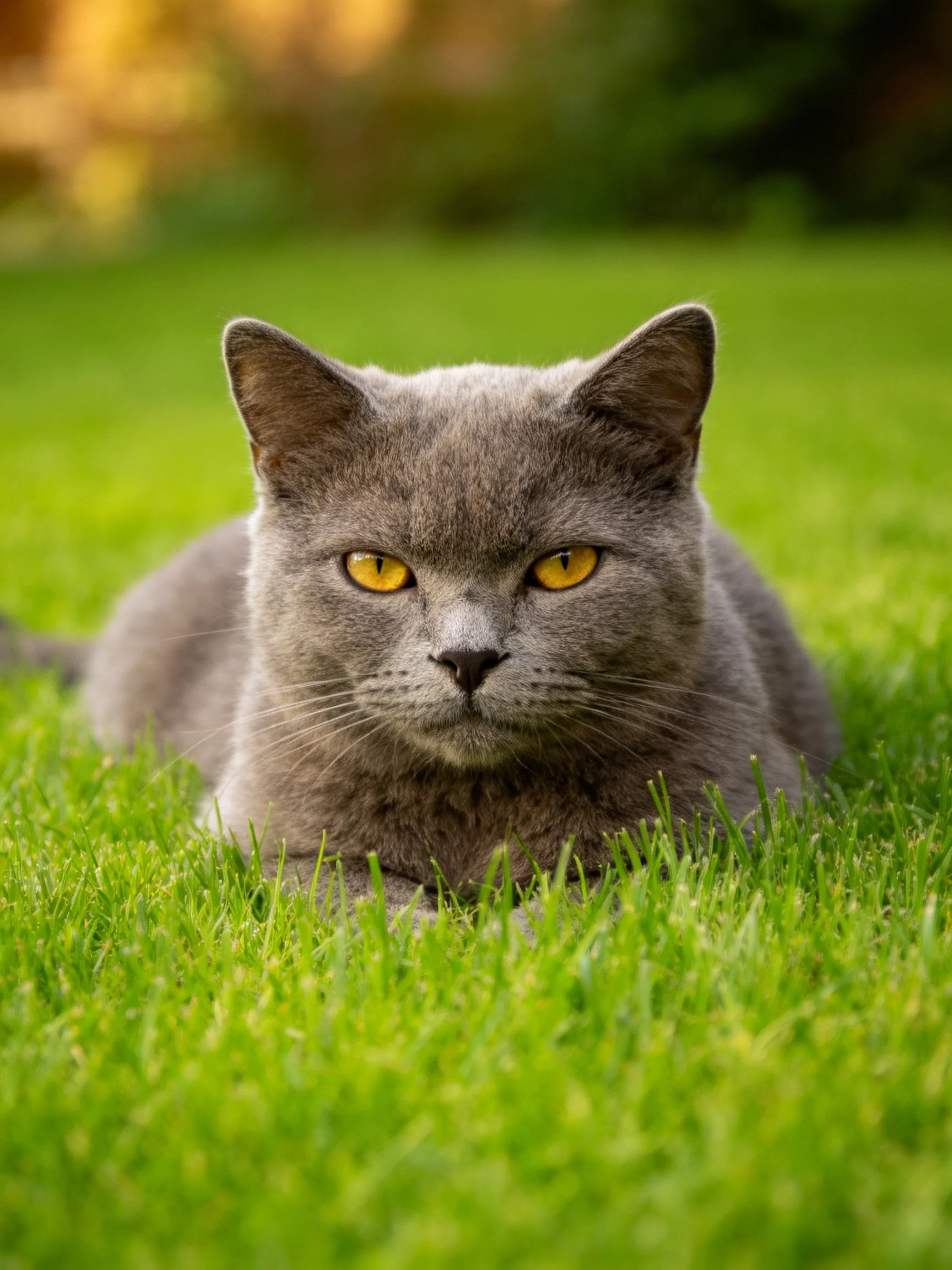 A gray cat with bright yellow eyes lies calmly on green grass.