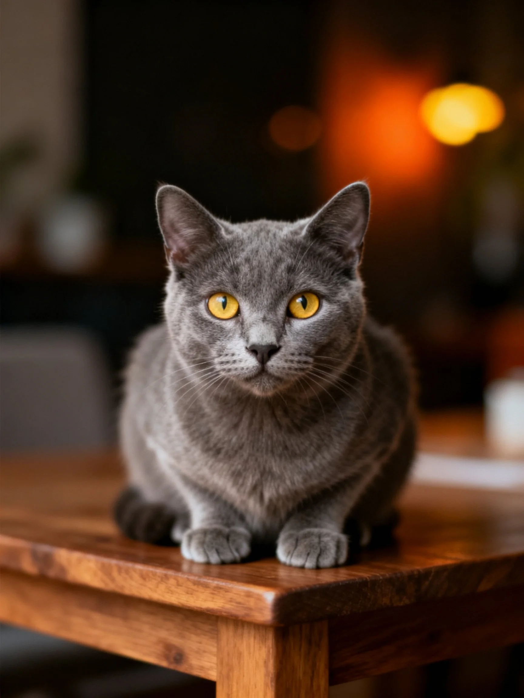 Gray cat with yellow eyes sits on wooden table.