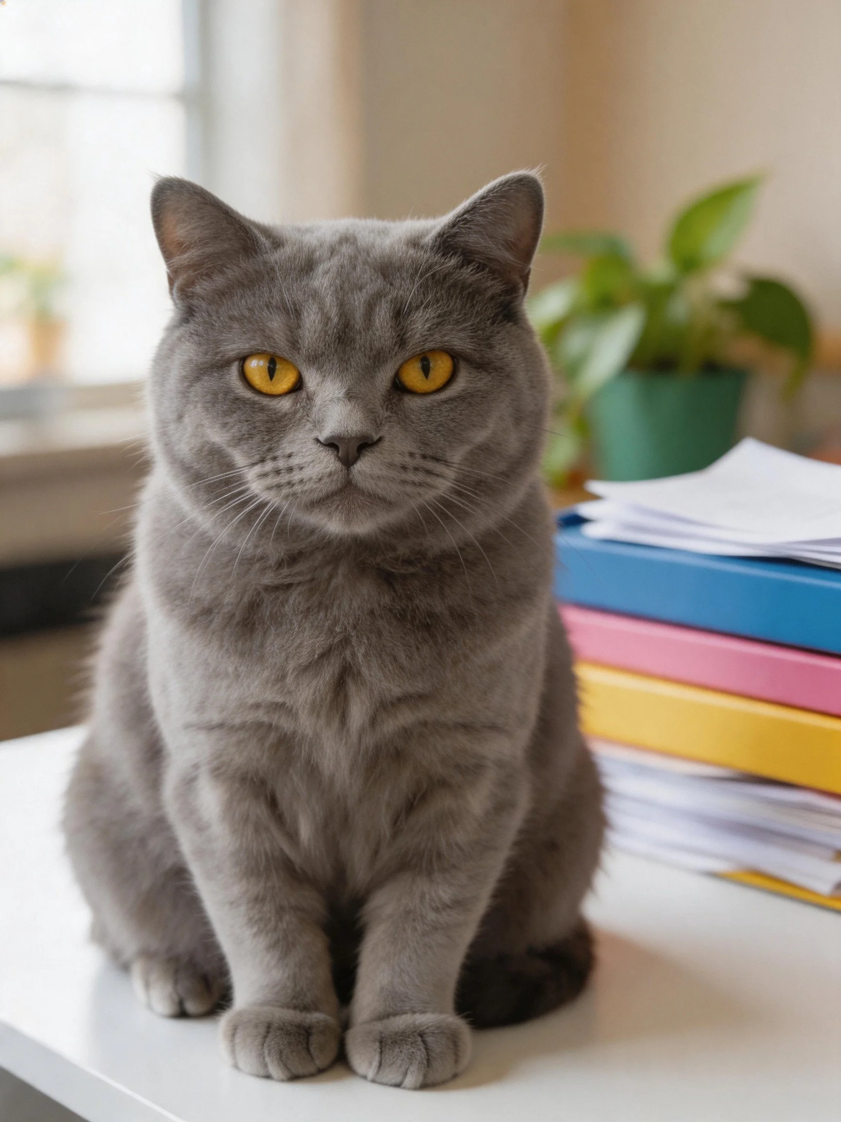 A gray cat with yellow eyes sits near colorful binders and a plant on a white surface.