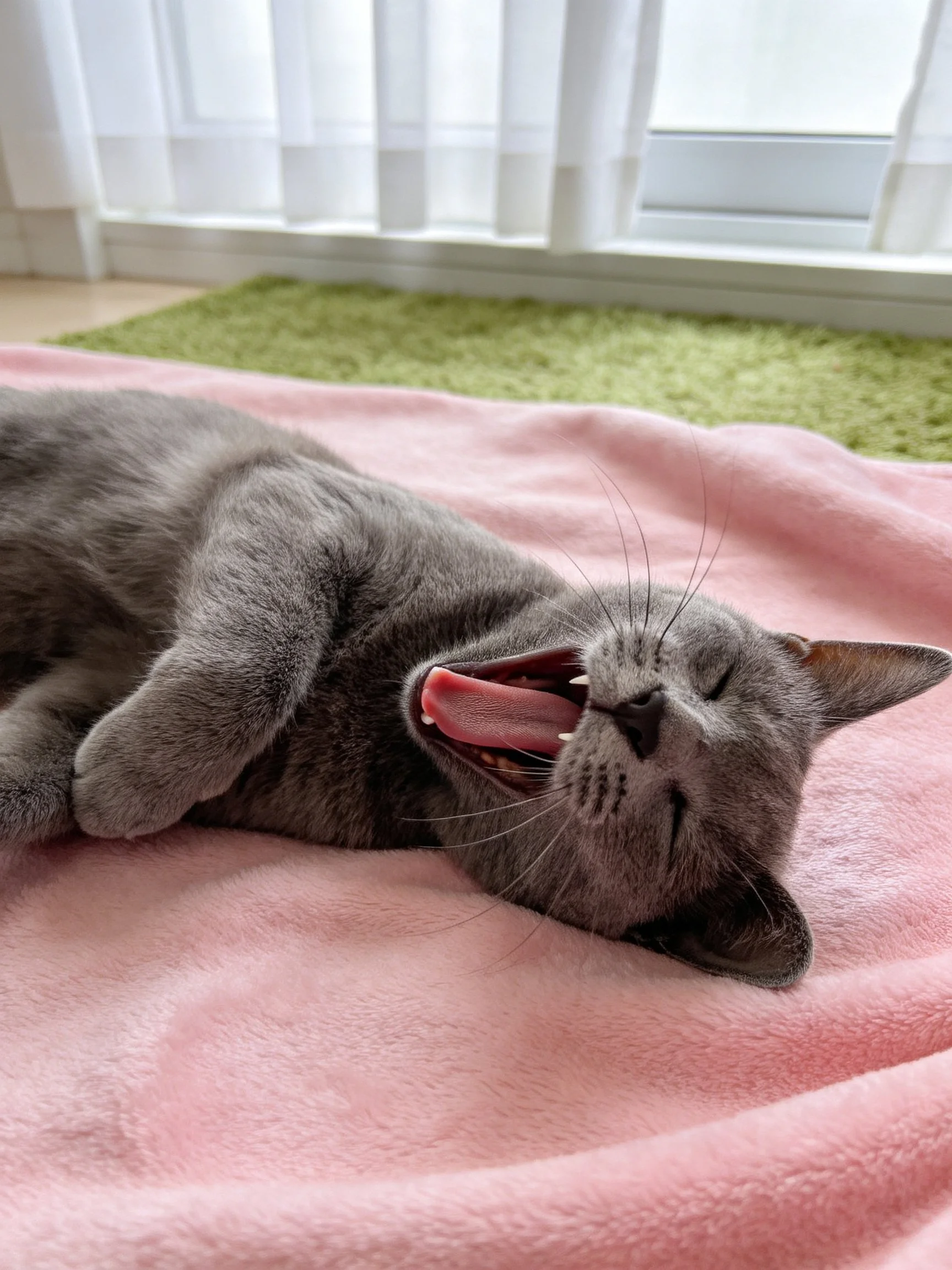 Gray cat yawning on pink blanket by green rug