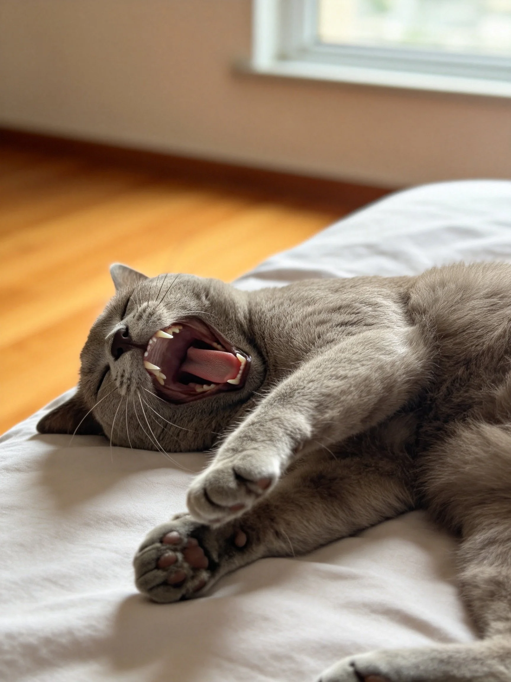 Gray cat yawning on white bedding by wooden floor and window