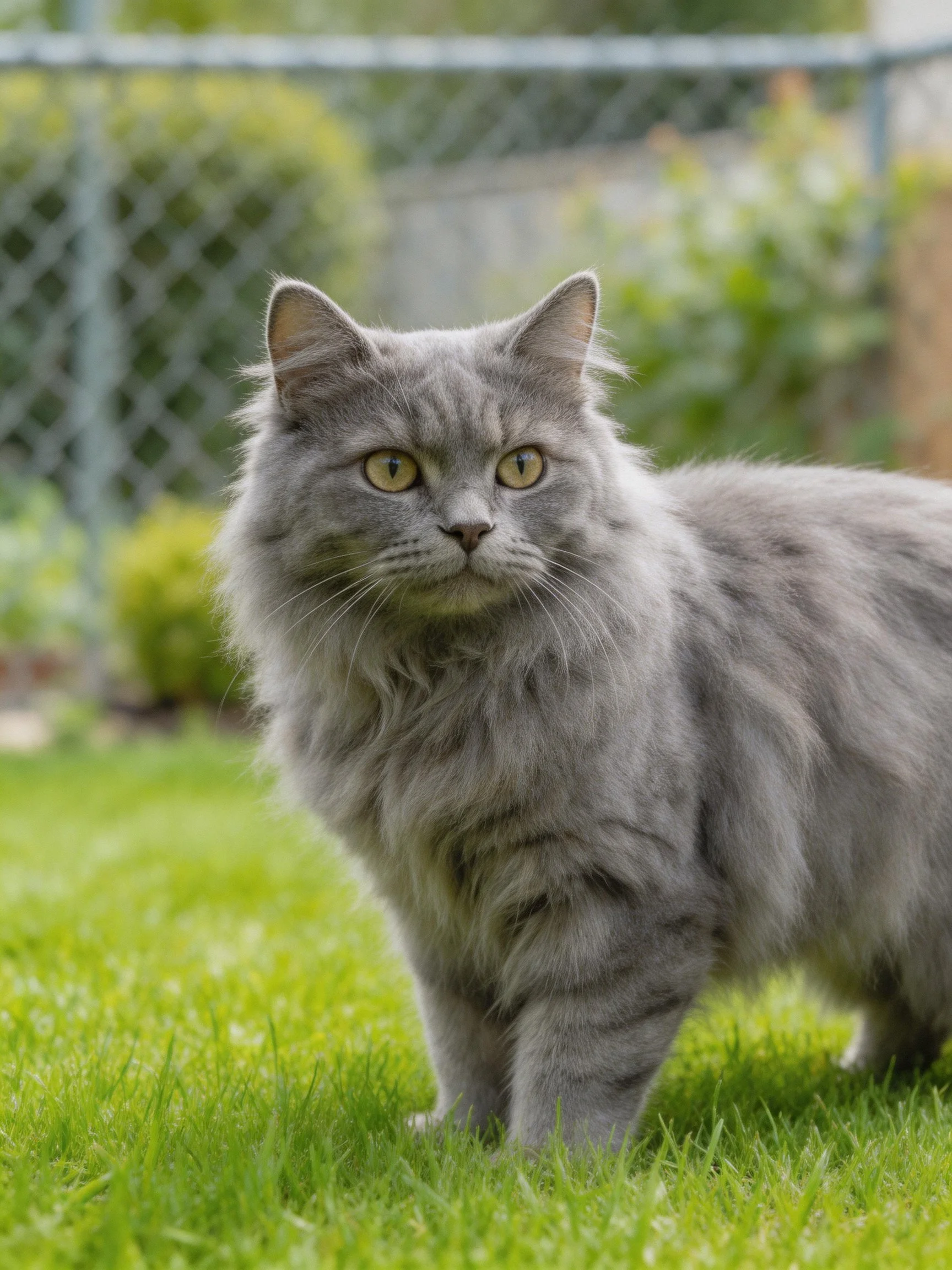 A gray cat stands on green grass with a garden fence in the background.