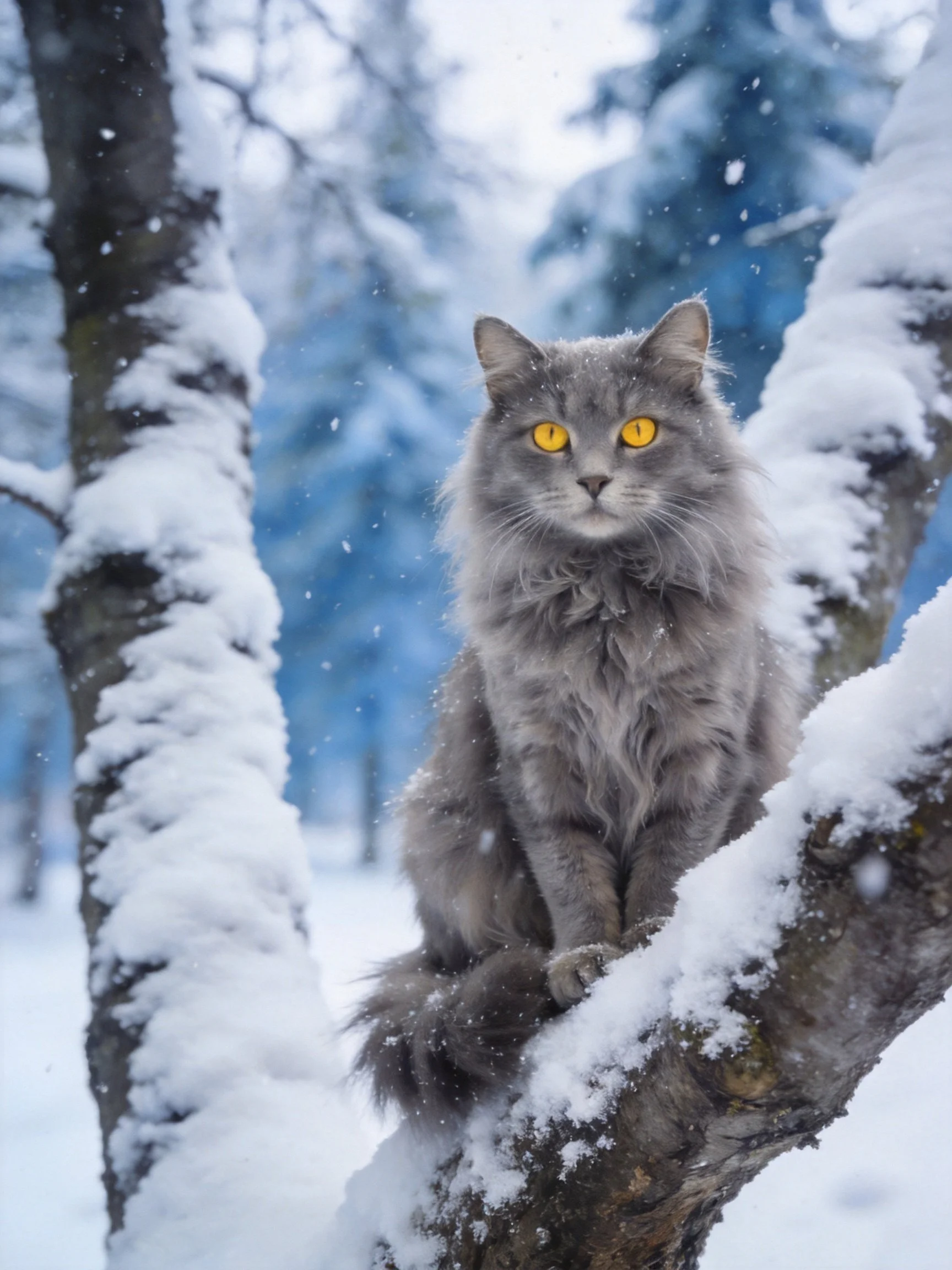 Gray fluffy cat perched on snow-draped branch in wintry forest