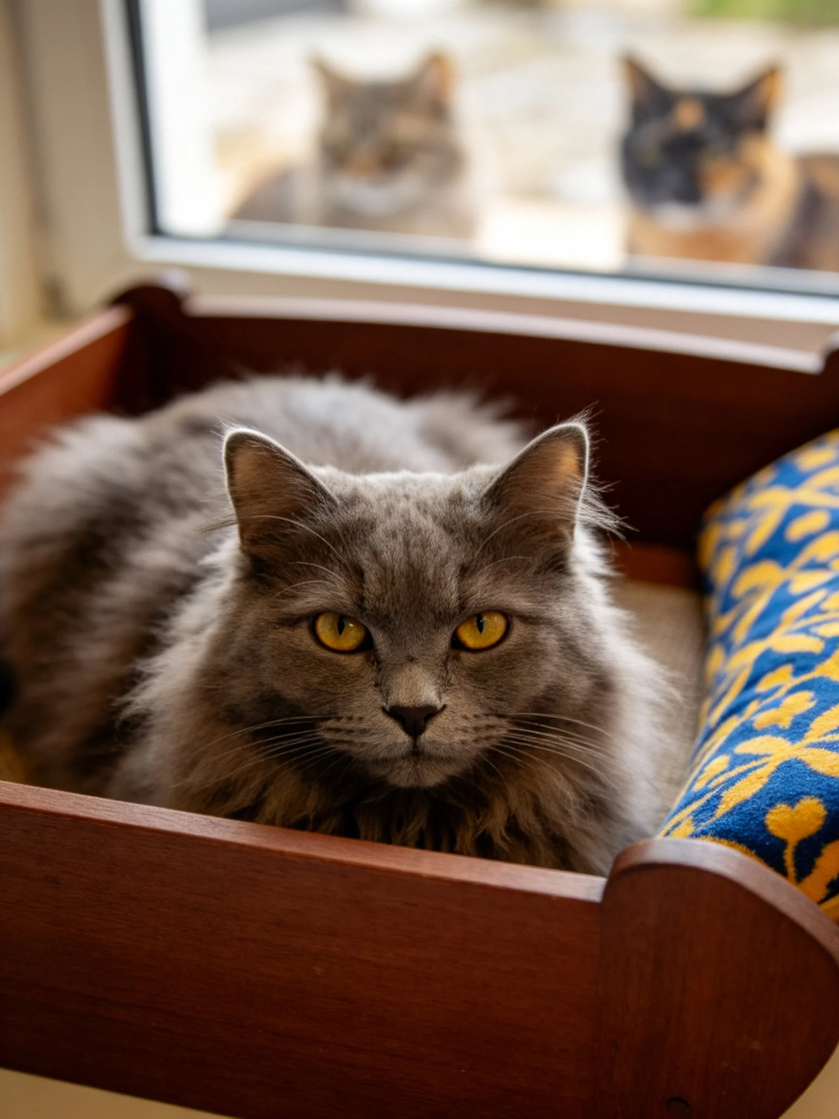Gray cat relaxes in a wooden box as two cats watch from outside the window.