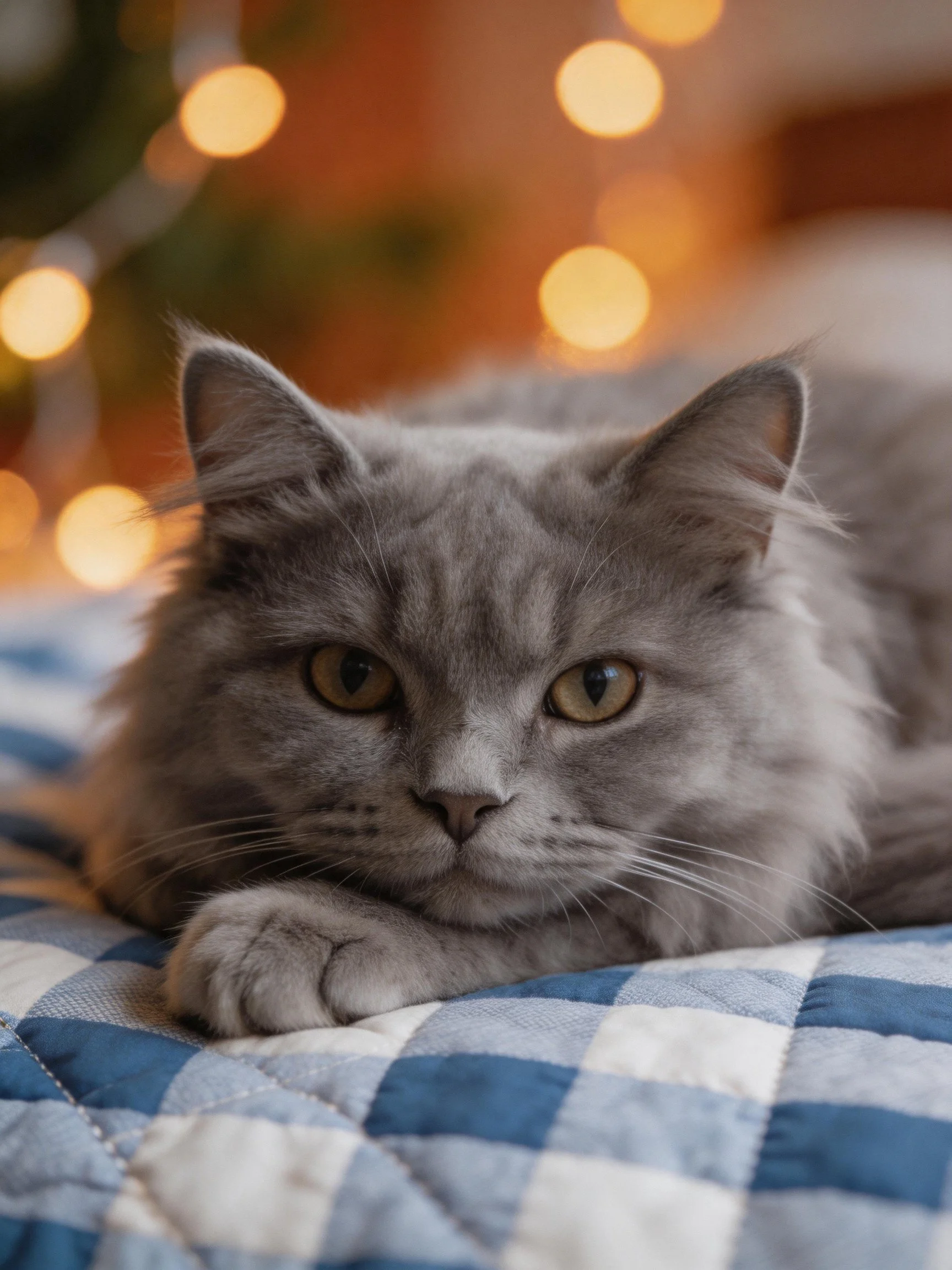 A gray fluffy cat lies on a checkered fabric with warm lights in the background.
