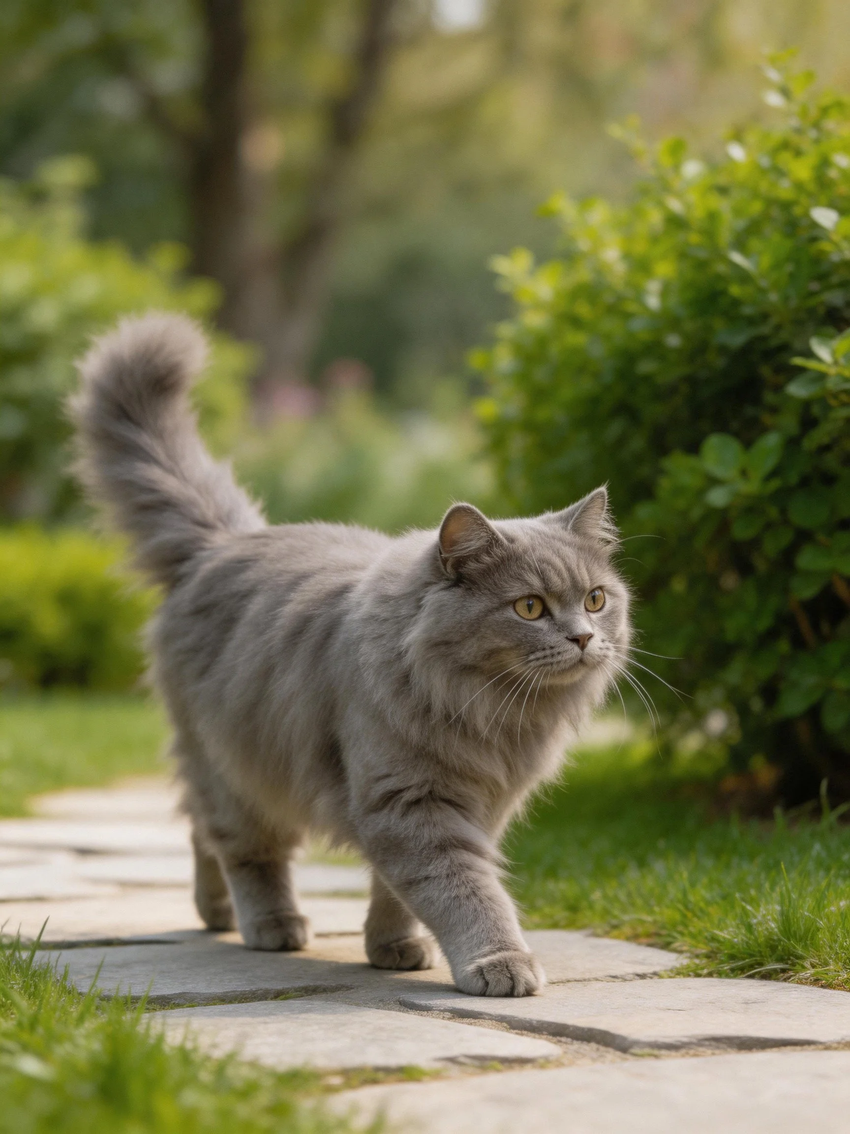 A gray cat walks on a stone path surrounded by greenery.