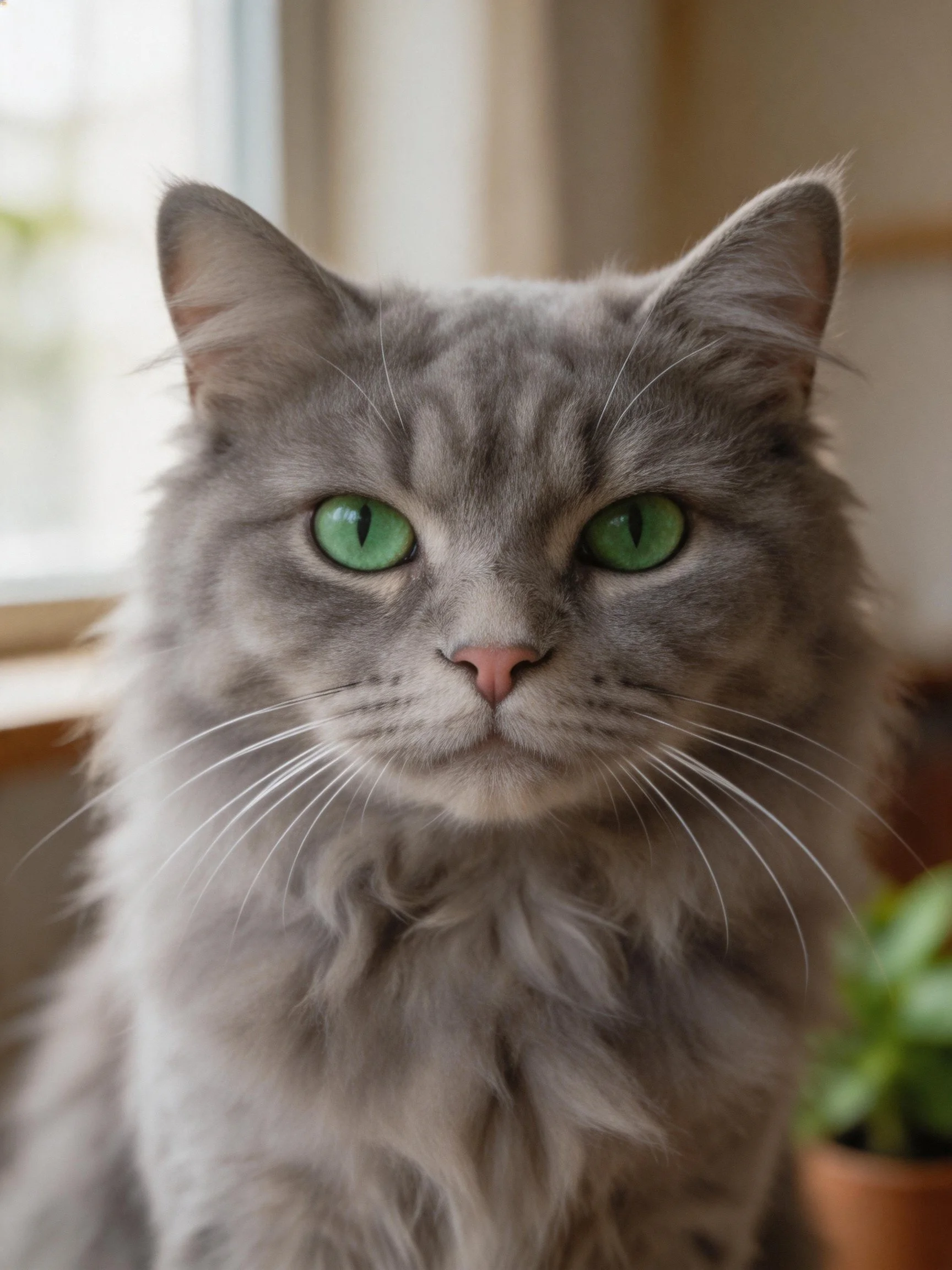A gray fluffy cat with green eyes sits near a sunlit window.