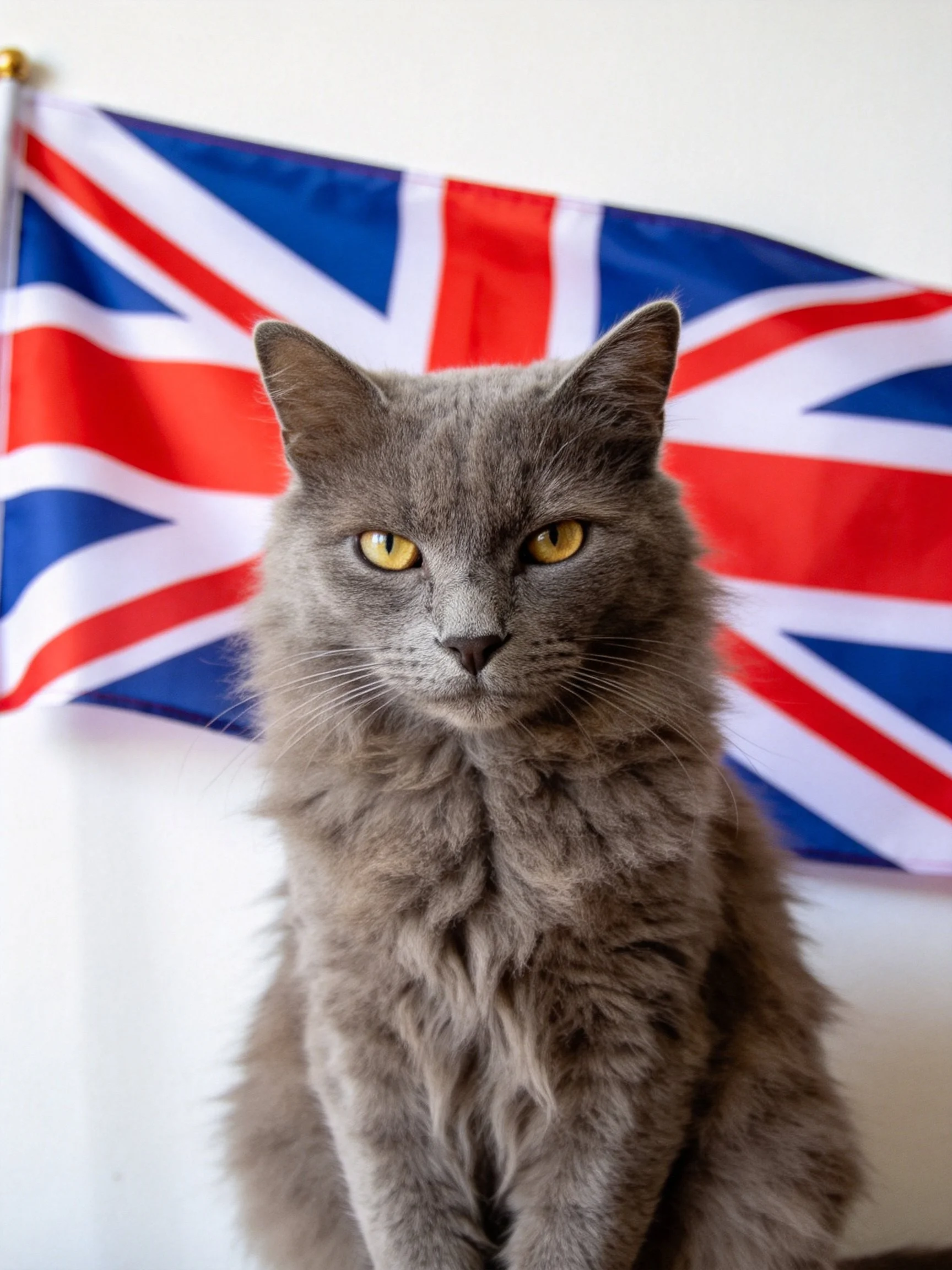 A gray fluffy cat with yellow eyes is positioned next to a Union Jack flag.