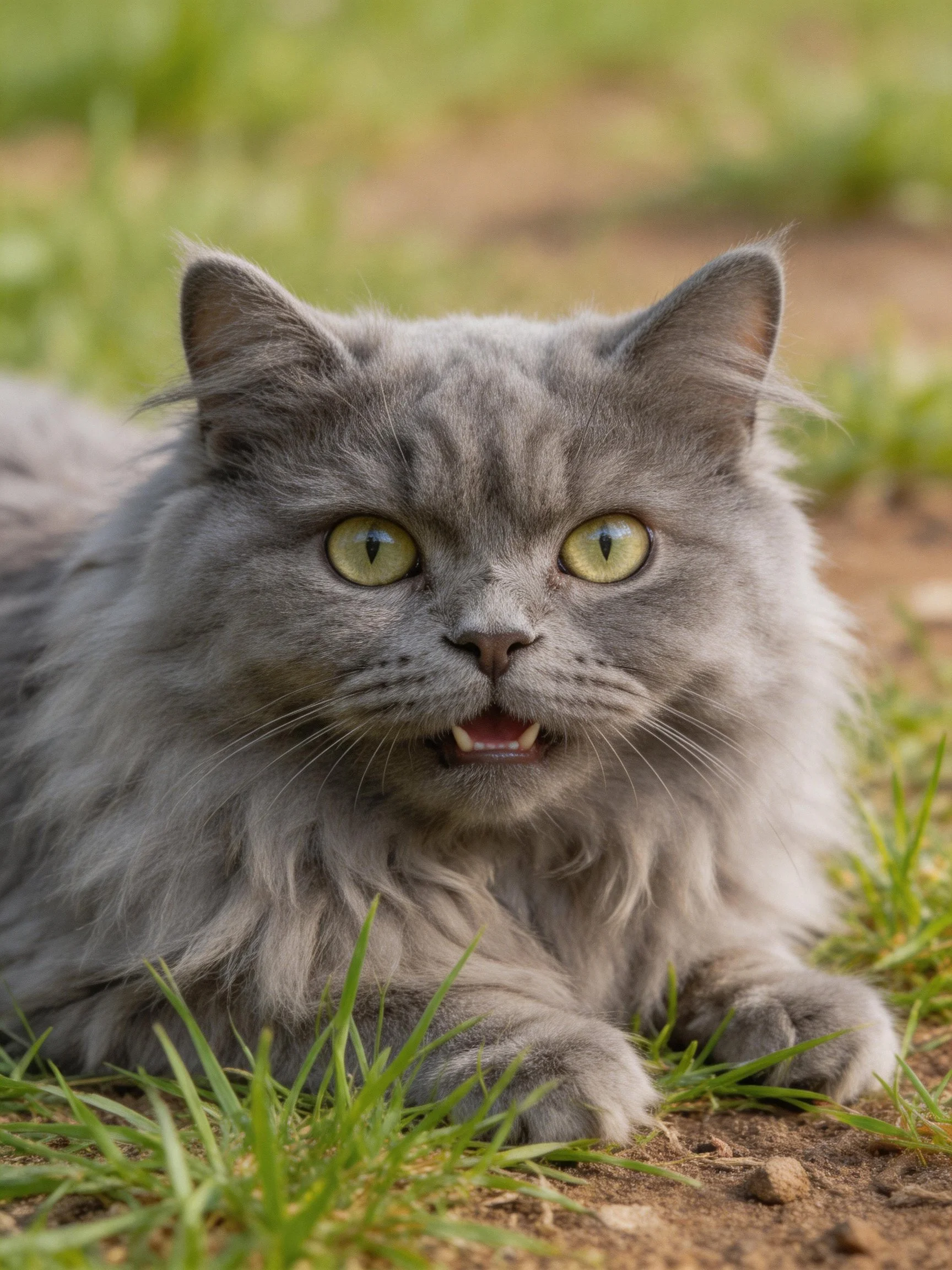 A gray fluffy cat with yellow eyes rests on grass and dirt outdoors.