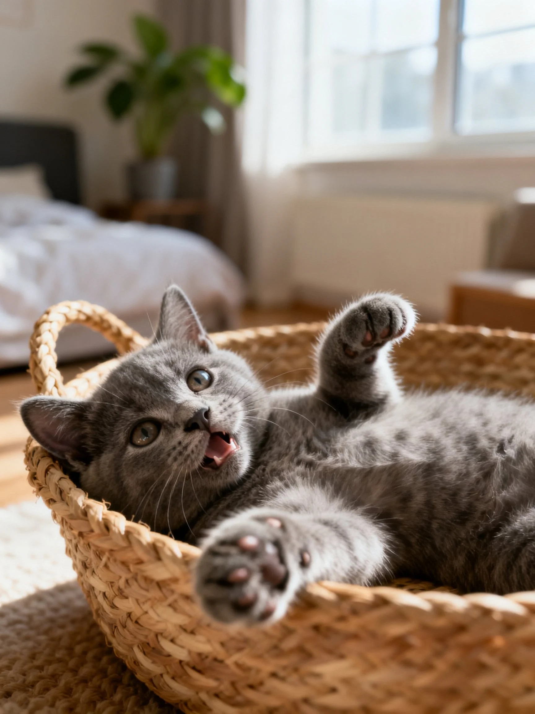 Gray kitten lounges in woven basket by sunlit window