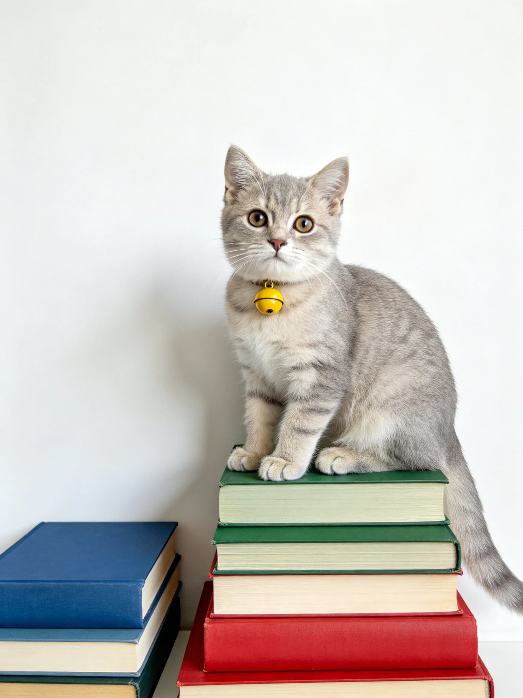 A gray kitten sits atop a tower of colorful hardcover books.