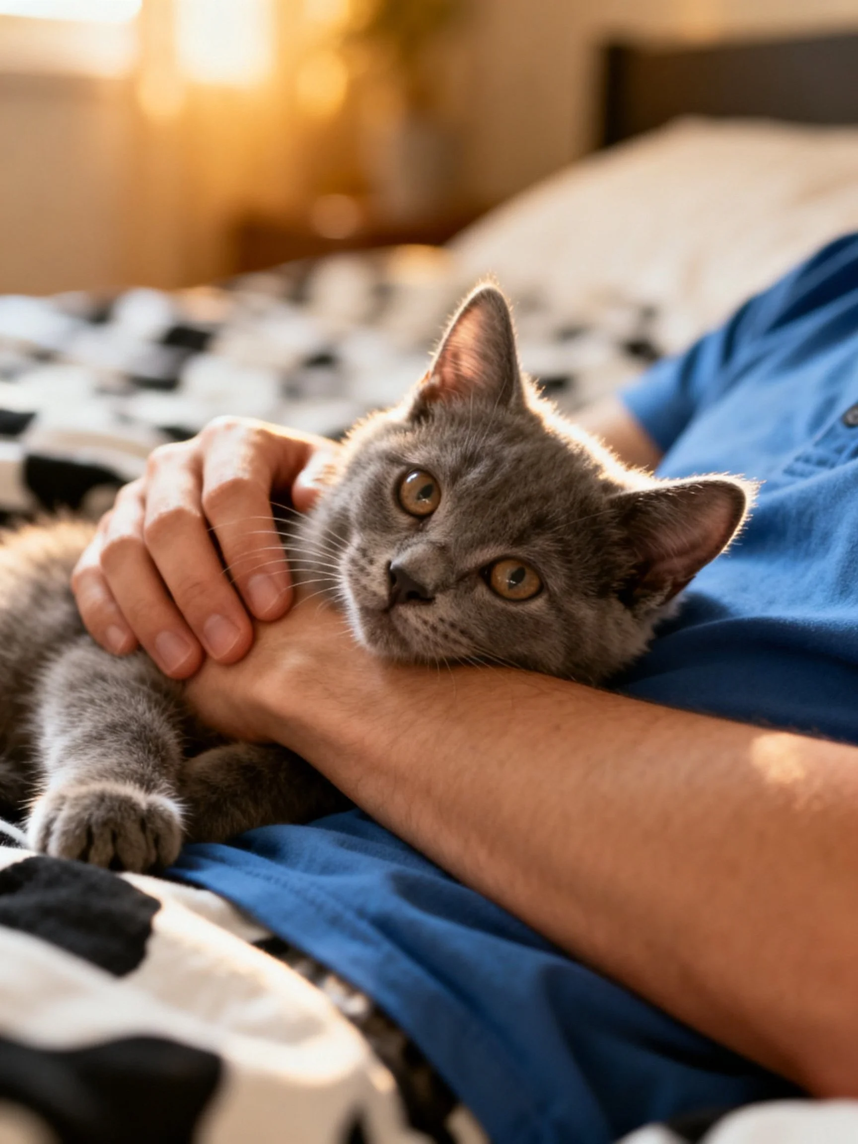 A gray kitten comfortably rests on a person’s arm in a warmly lit bedroom.