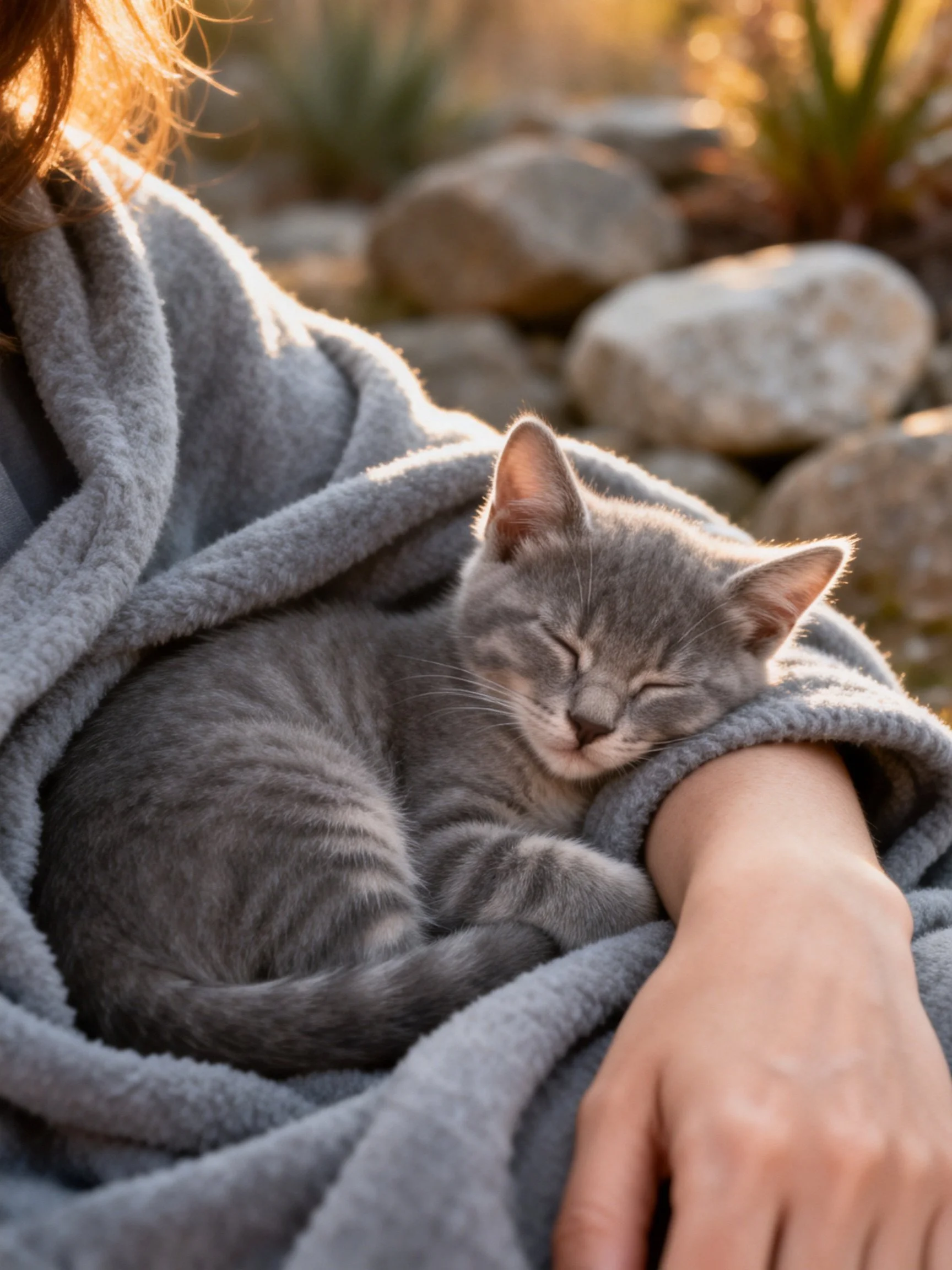 Gray kitten sleeping in gray robe near rocky outdoor area