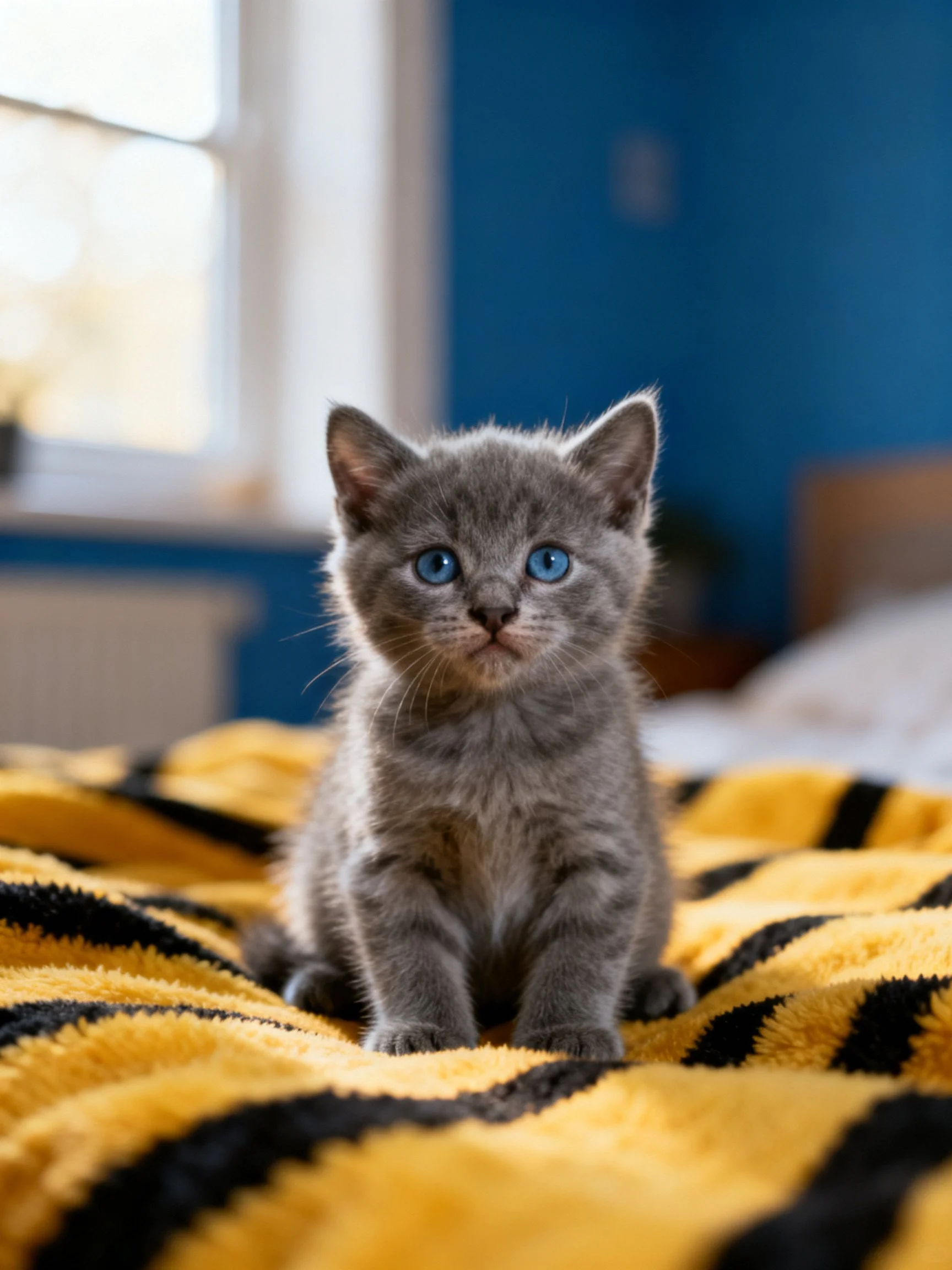 A gray kitten with blue eyes sits on a patterned blanket in.