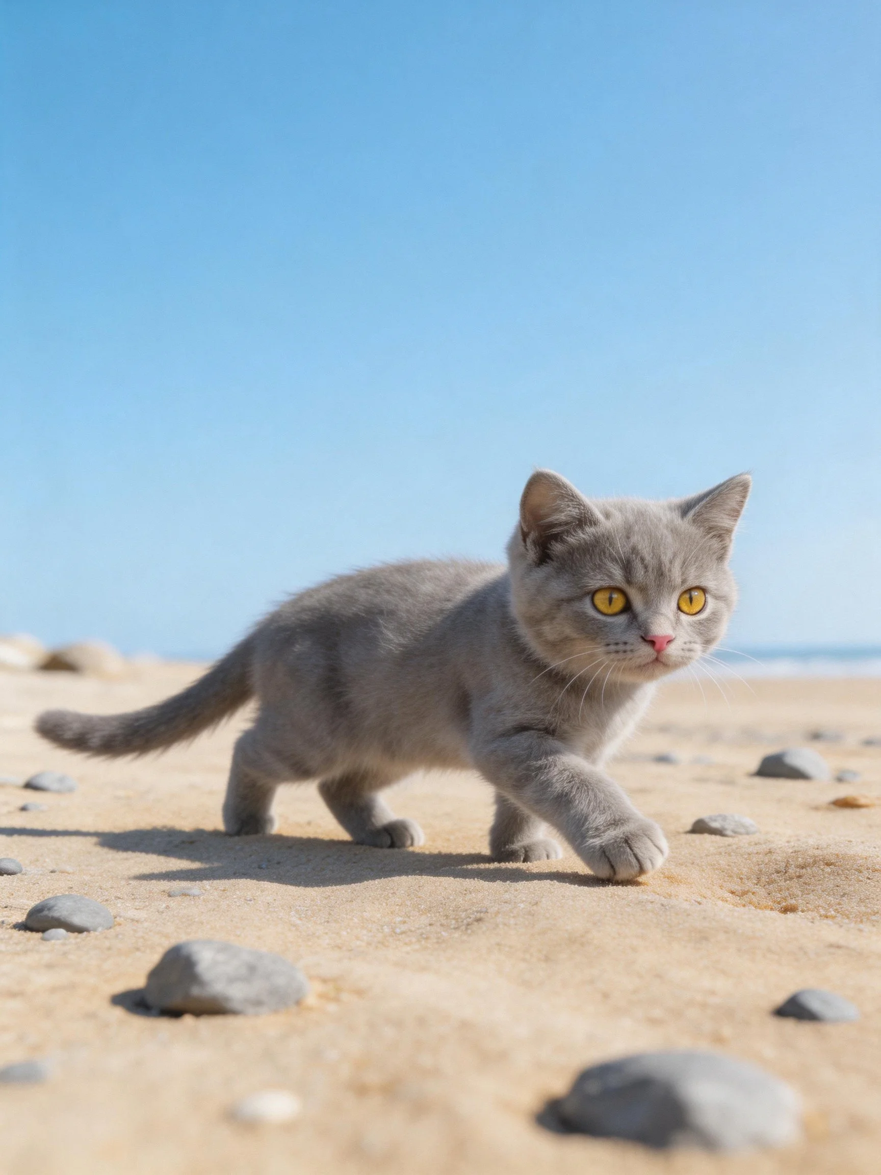 A gray kitten with bright yellow eyes explores a sandy beach dotted with small rocks.