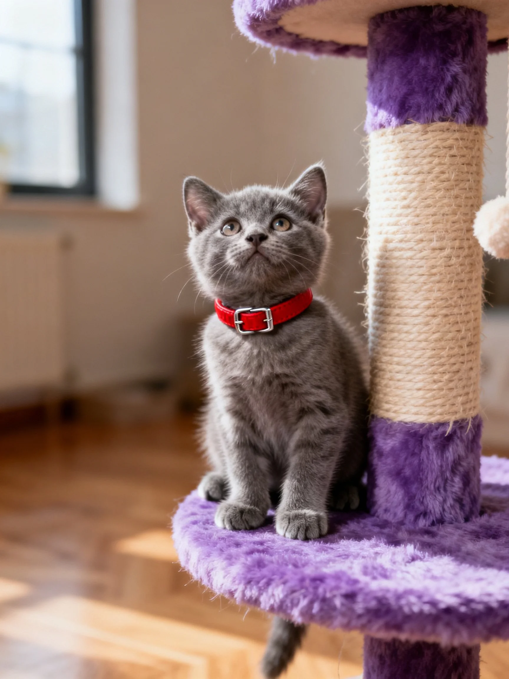 A gray kitten with a red collar sits on a purple and beige cat tree indoors.