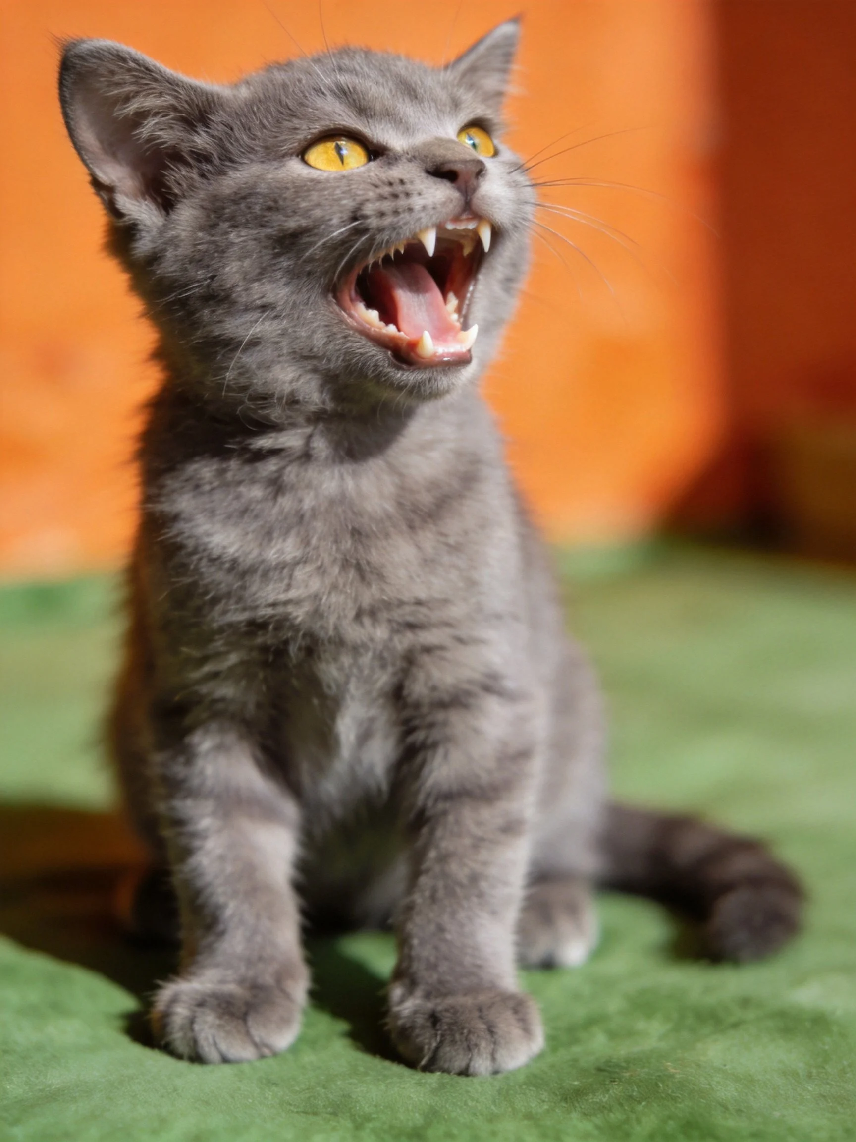 A gray kitten meows while sitting on green fabric with an orange backdrop.