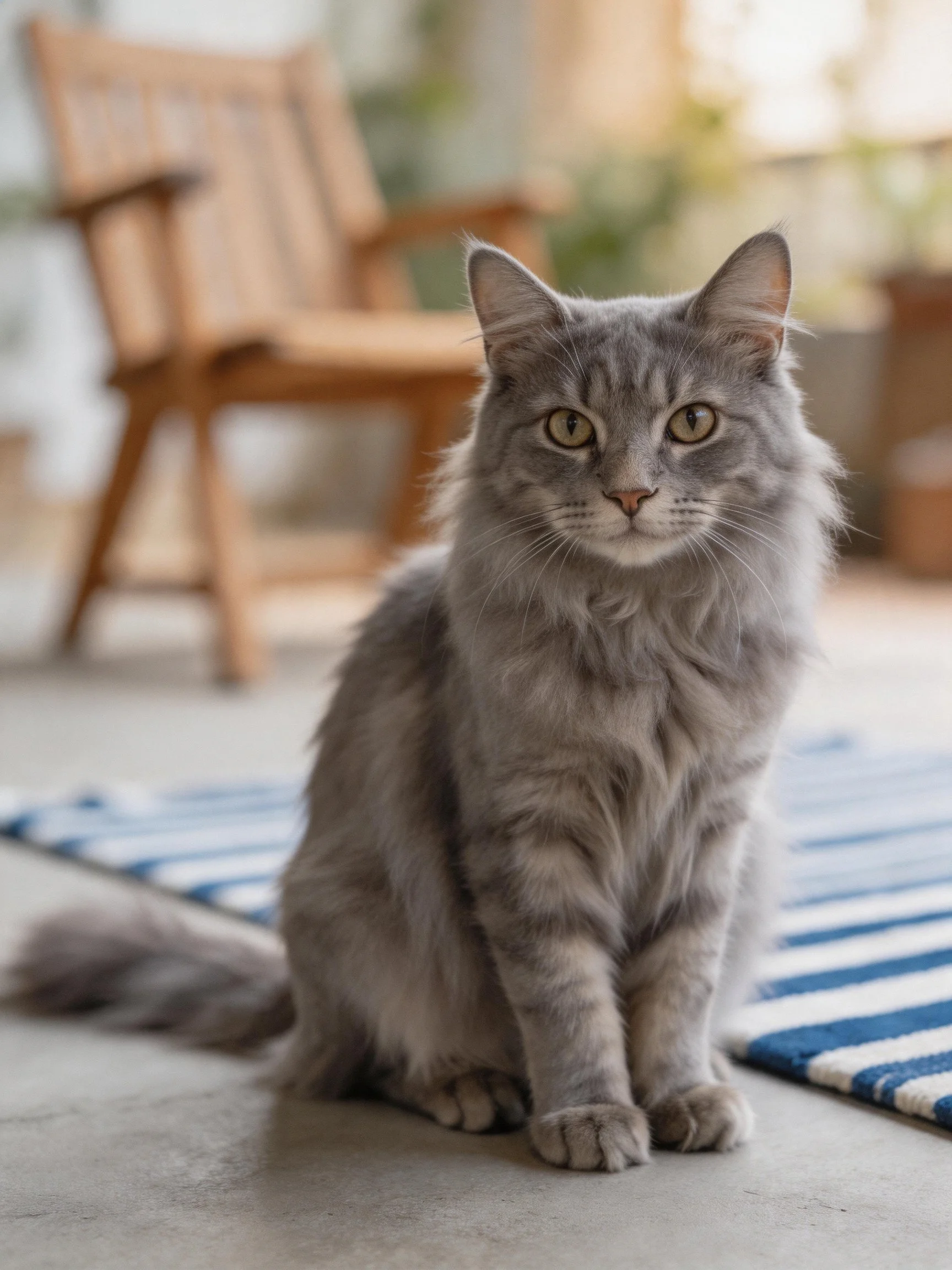 Gray long-haired cat sits near wooden chair and striped rug