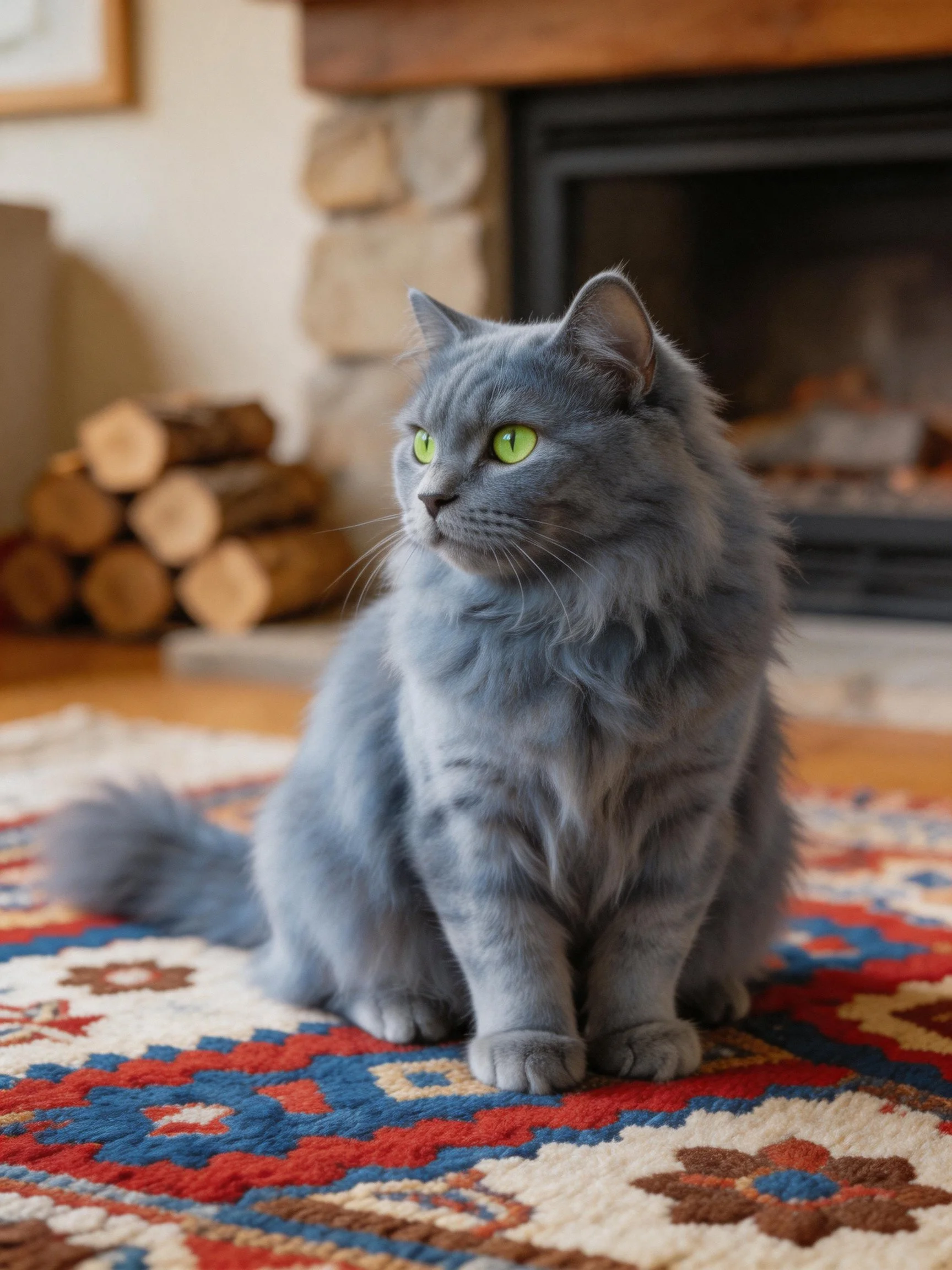 Gray long-haired cat sits on patterned rug near stone fireplace