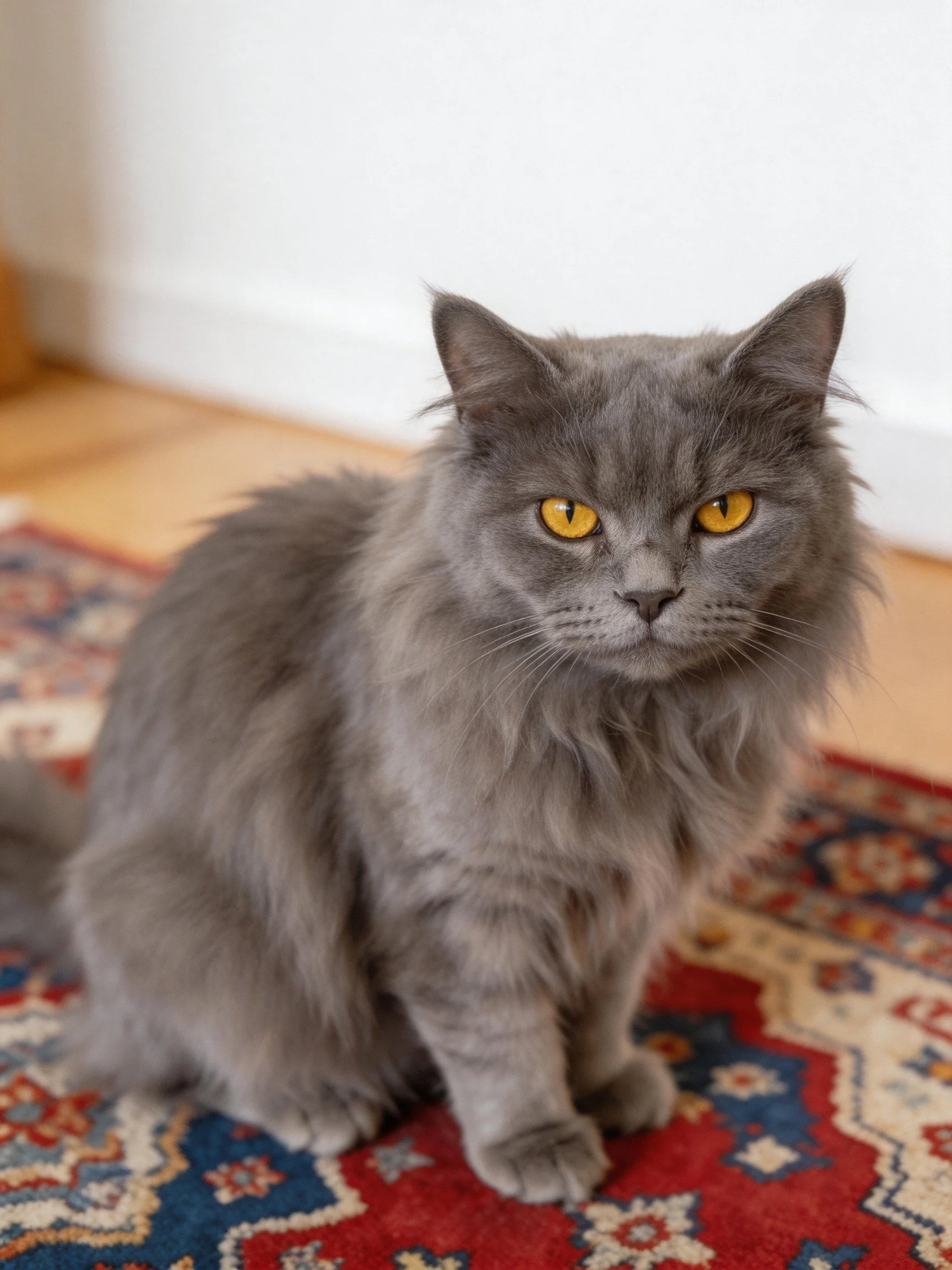 Gray long-haired cat sitting on a decorative indoor rug
