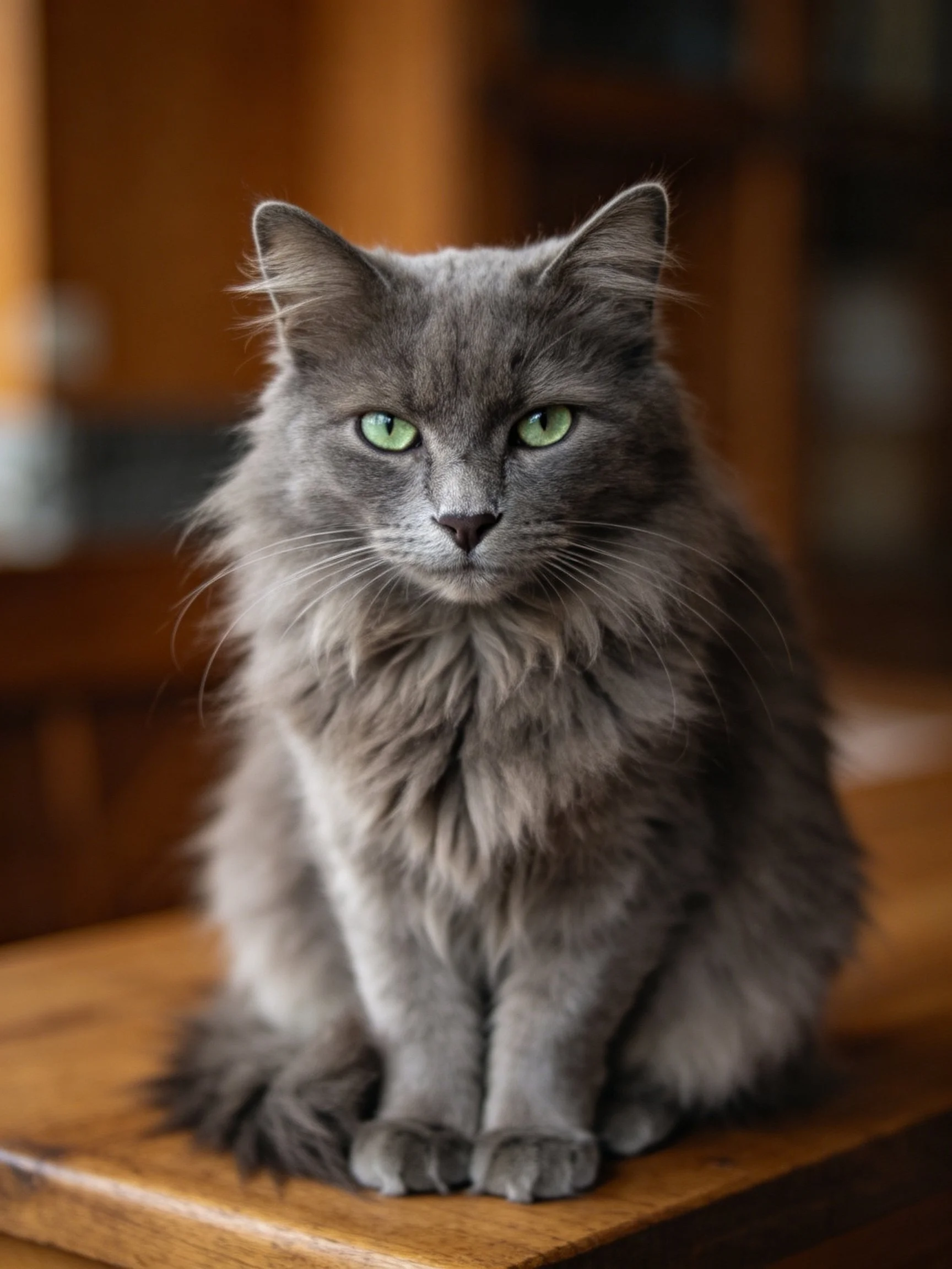 Gray long-haired cat with green eyes sitting on wooden furniture
