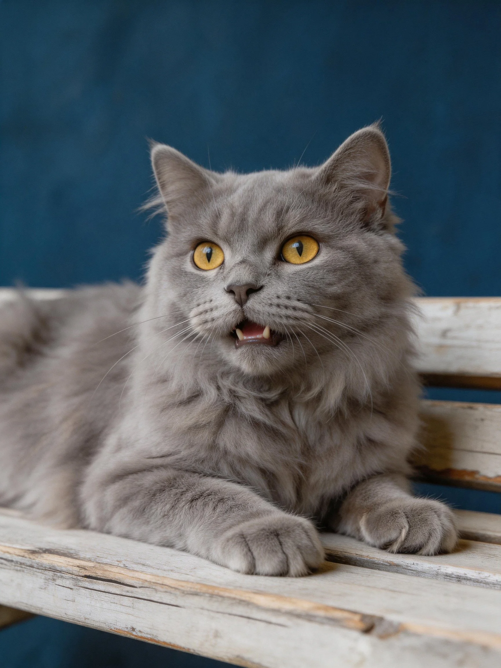 Gray long-haired cat with yellow eyes resting on a weathered wooden bench