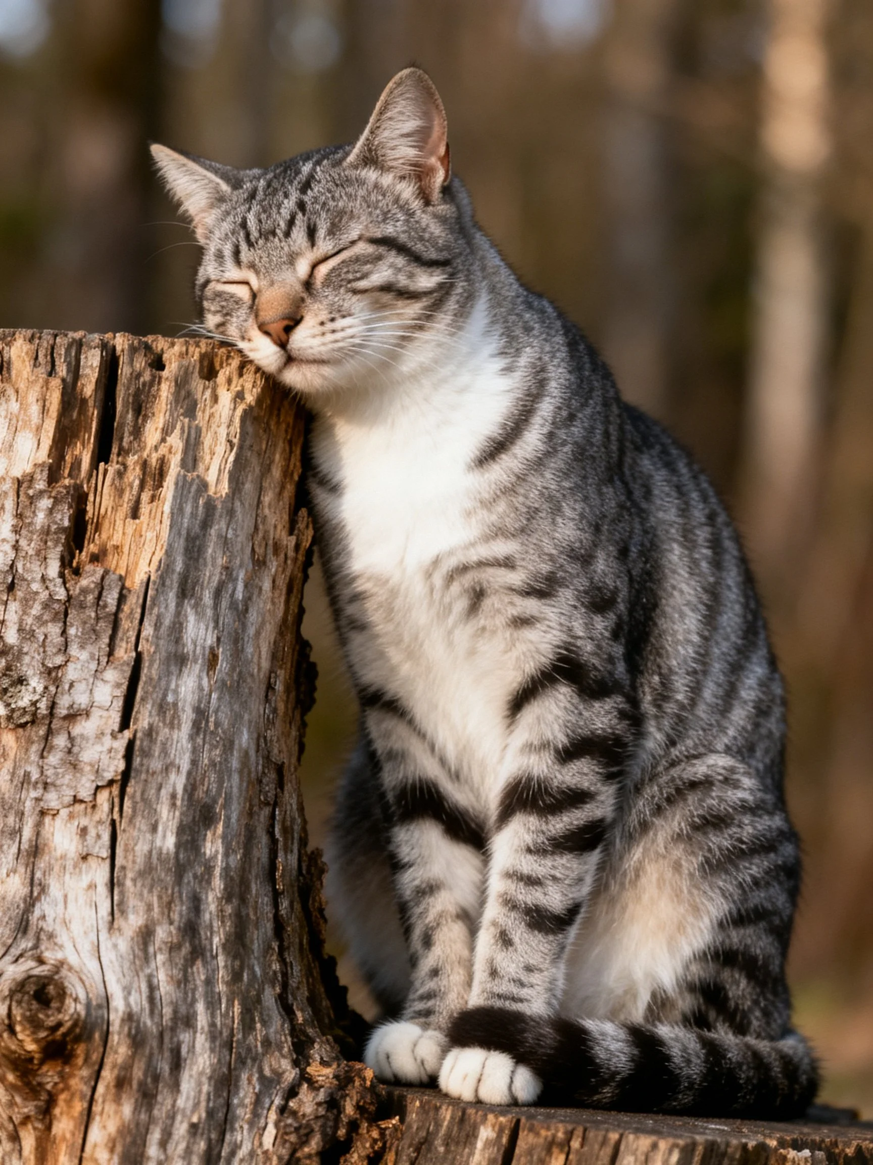 Gray striped cat naps on aged wooden stump