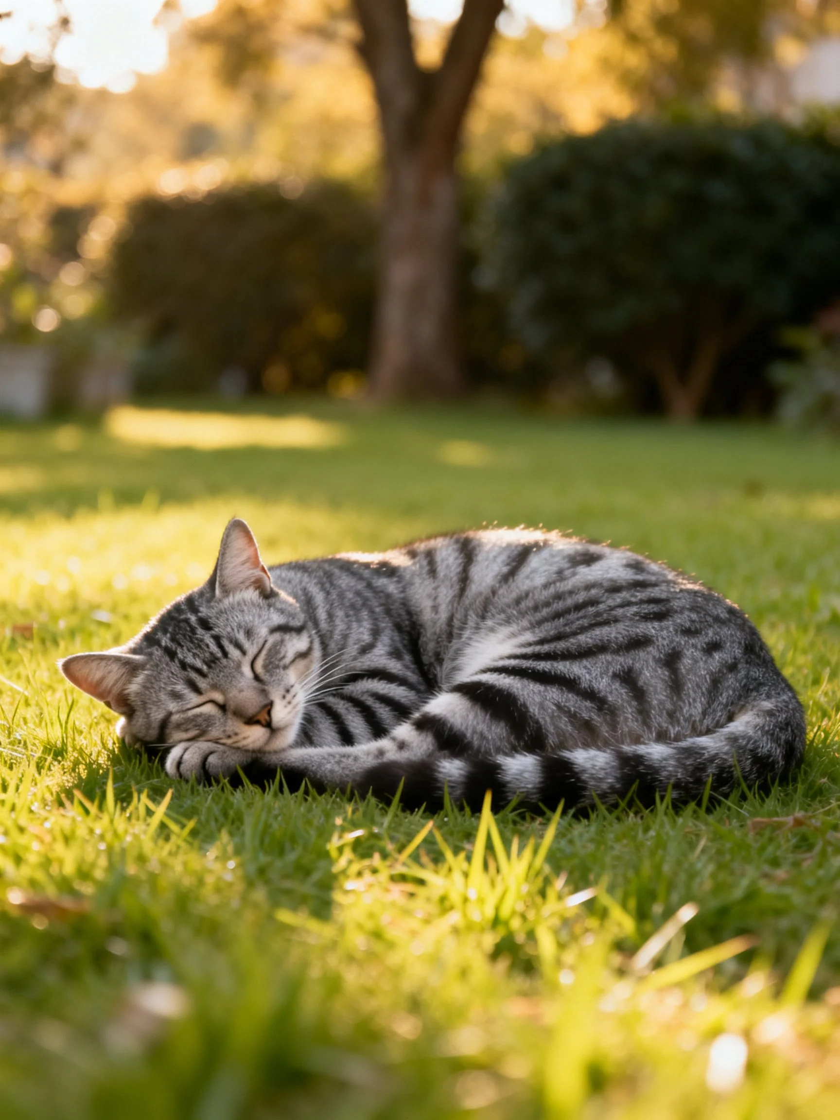 Gray-striped cat sleeping on sunlit green grass