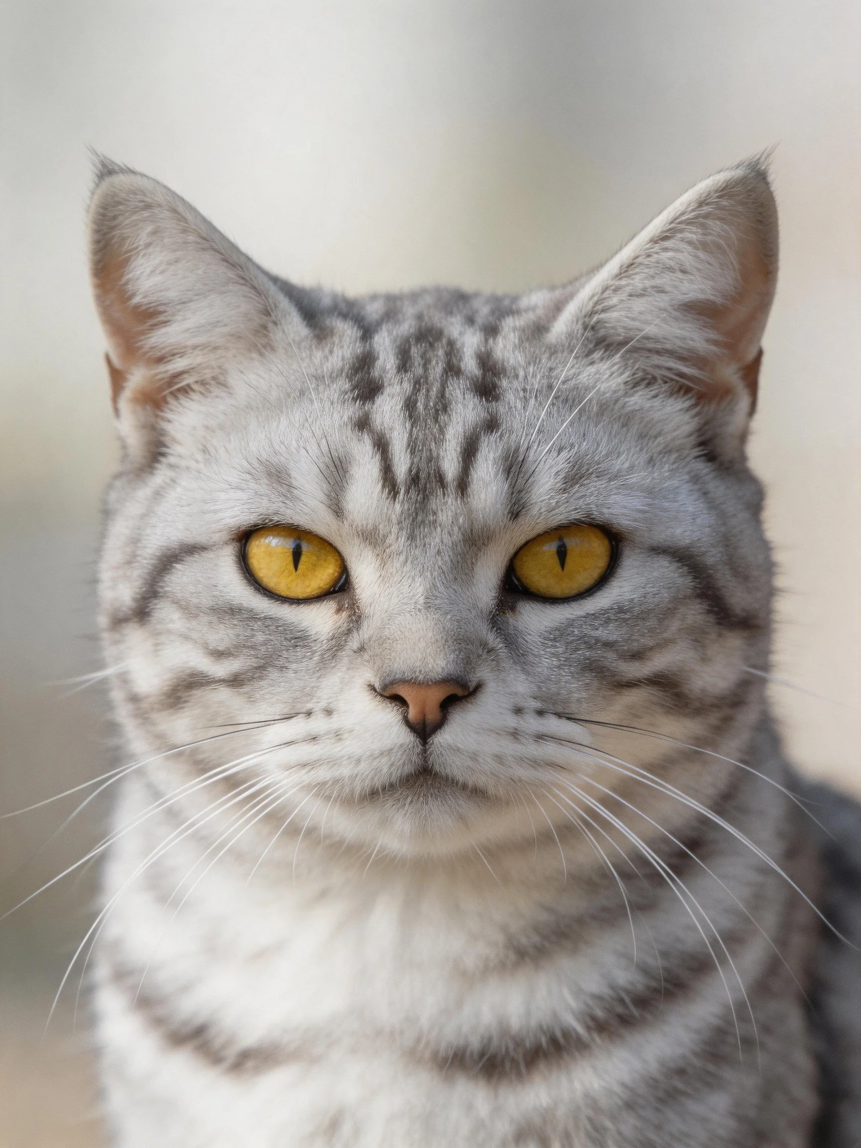 A gray tabby cat with striking yellow eyes is photographed up close.