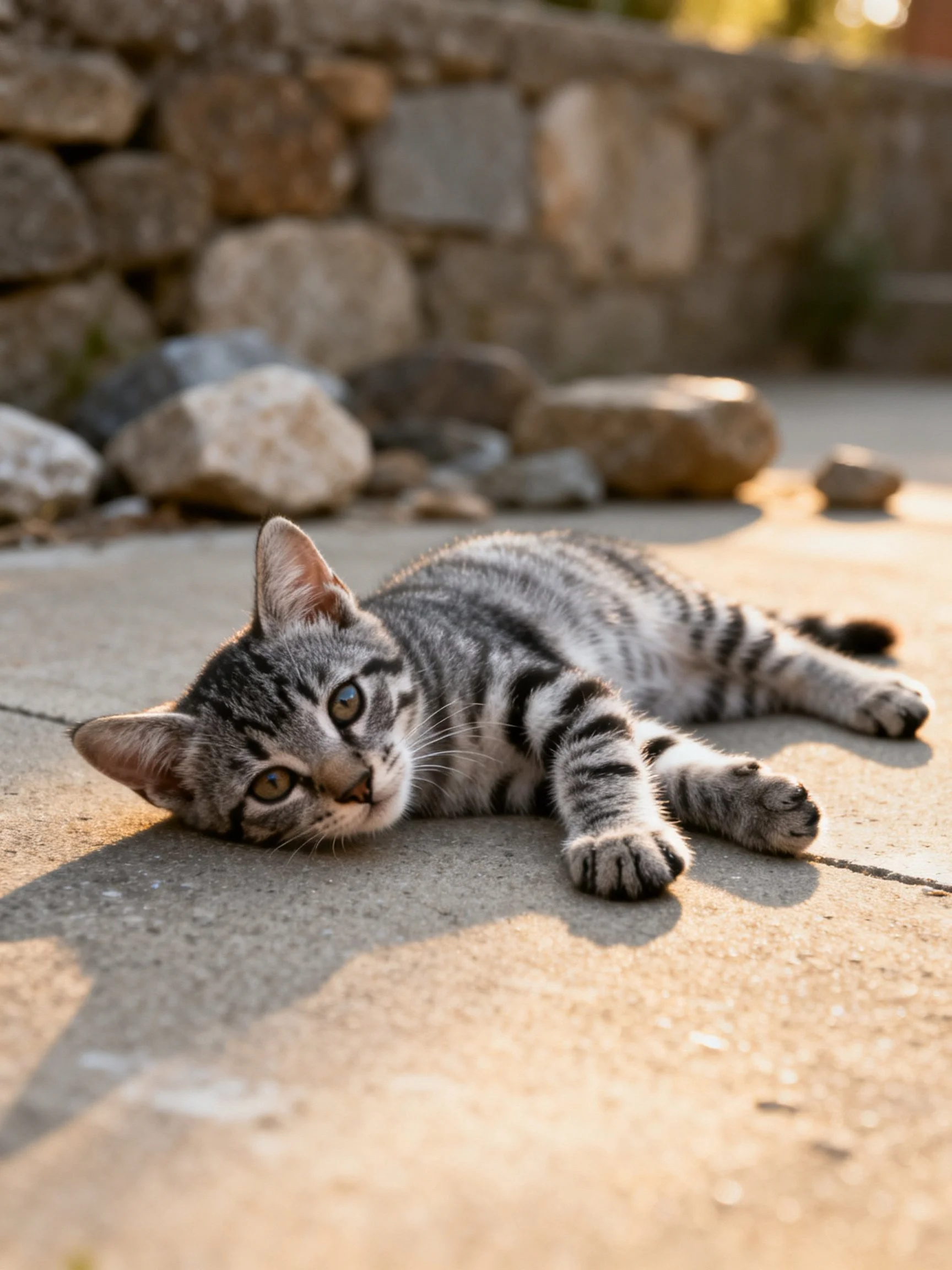 A gray striped kitten relaxes on concrete next to a stone wall.