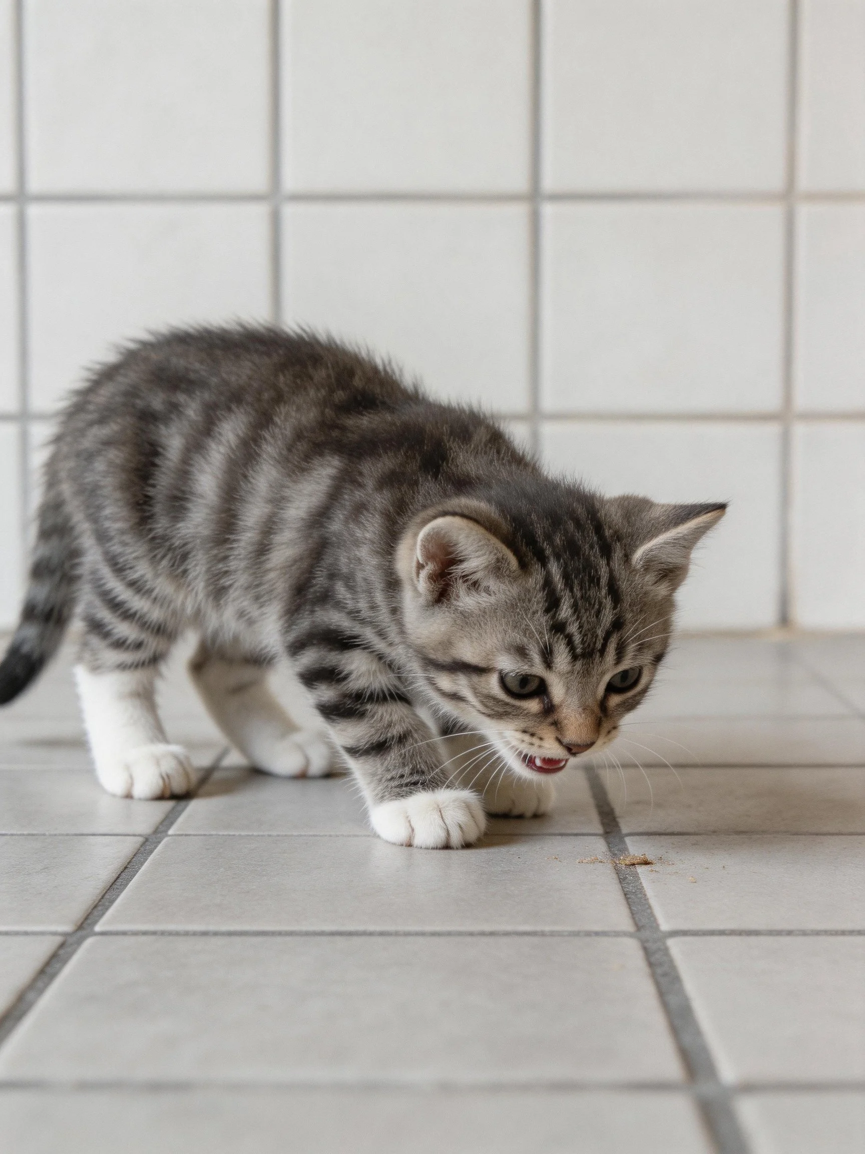 Gray striped kitten sniffs near tiled floor and wall