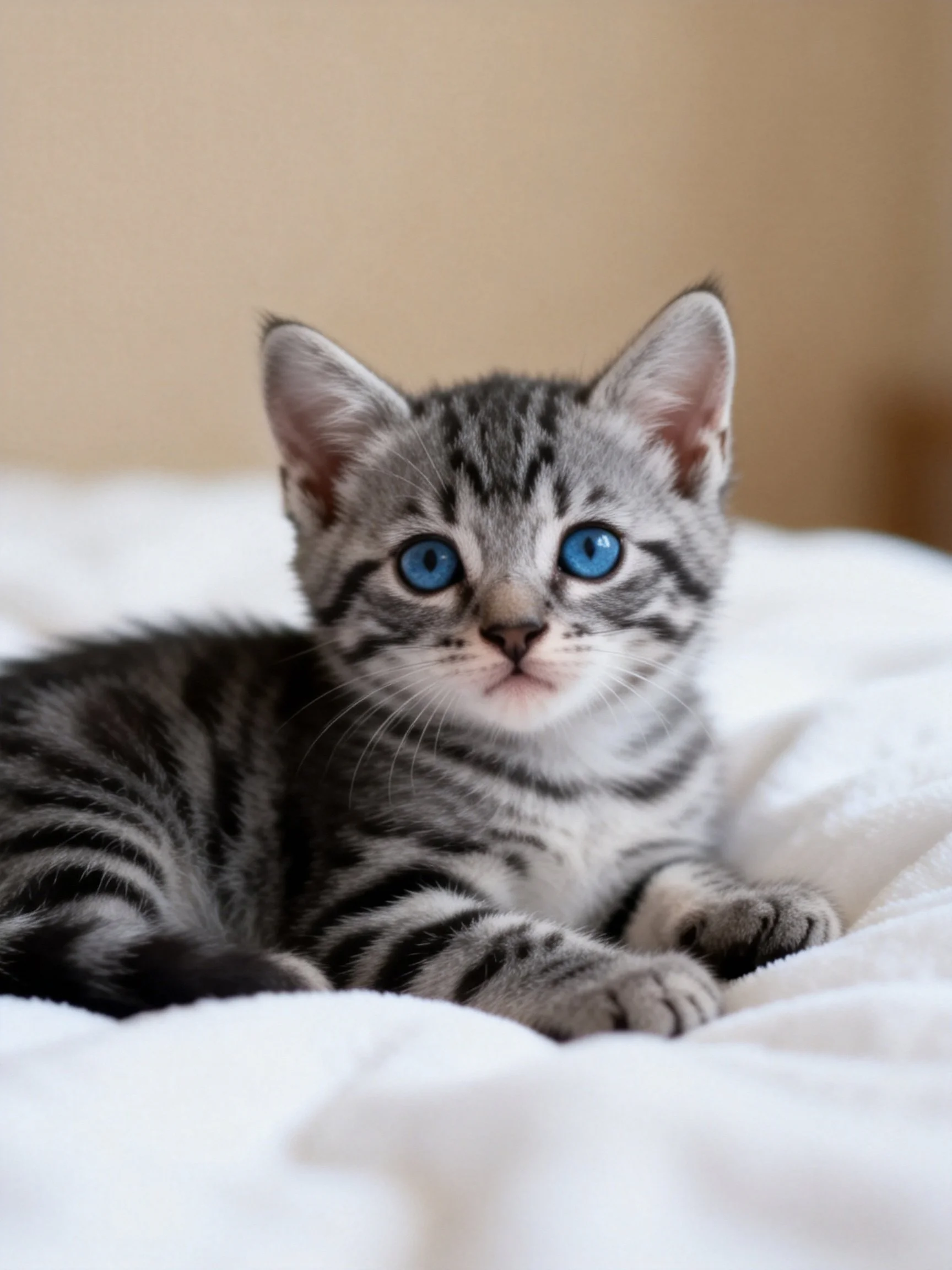 A gray tabby kitten with vivid blue eyes relaxes on soft white bedding.